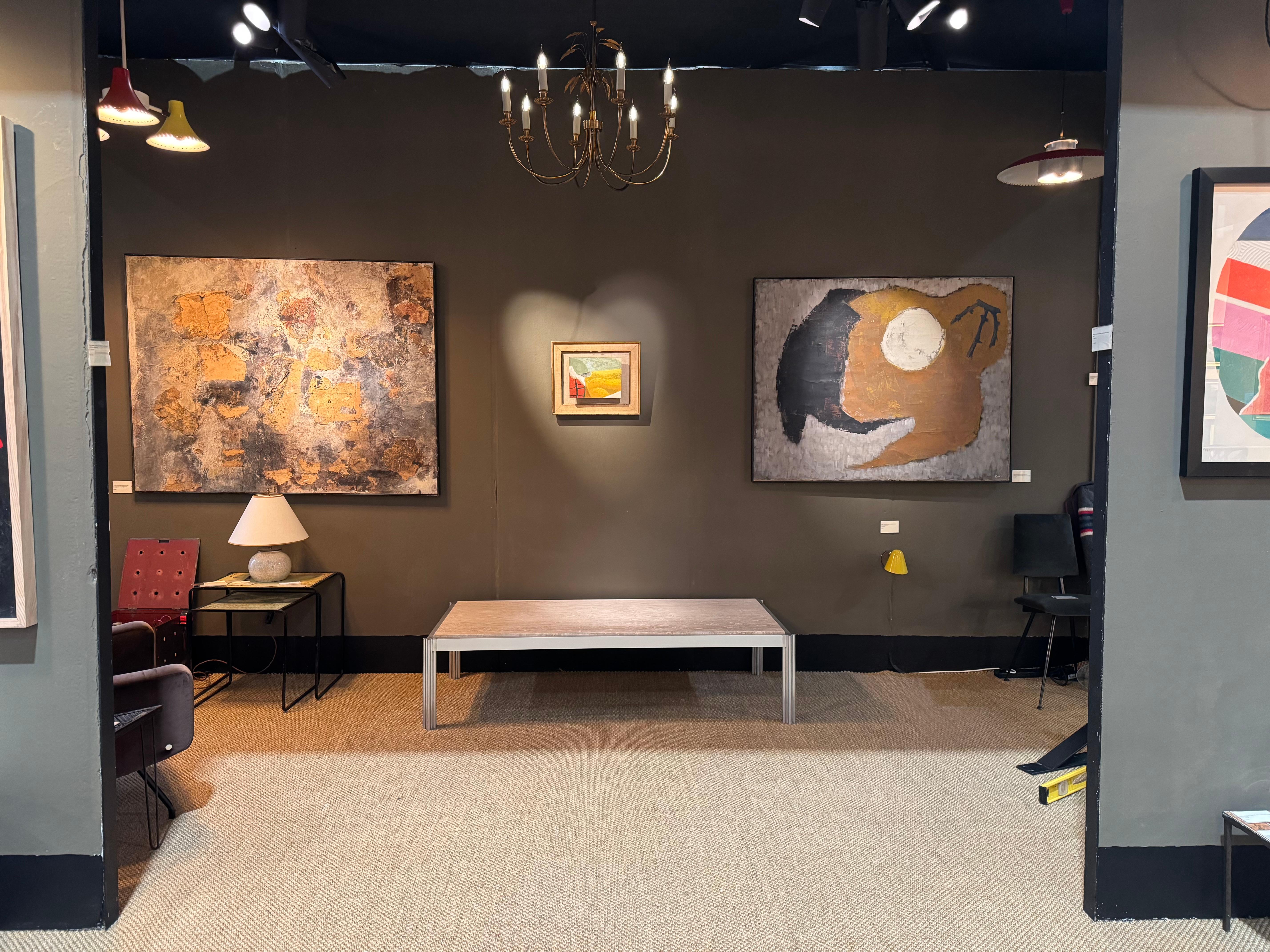 Fabulous large and low travertine and aluminium coffee table designed by George Ciancimino. Beautiful figured travertine. 