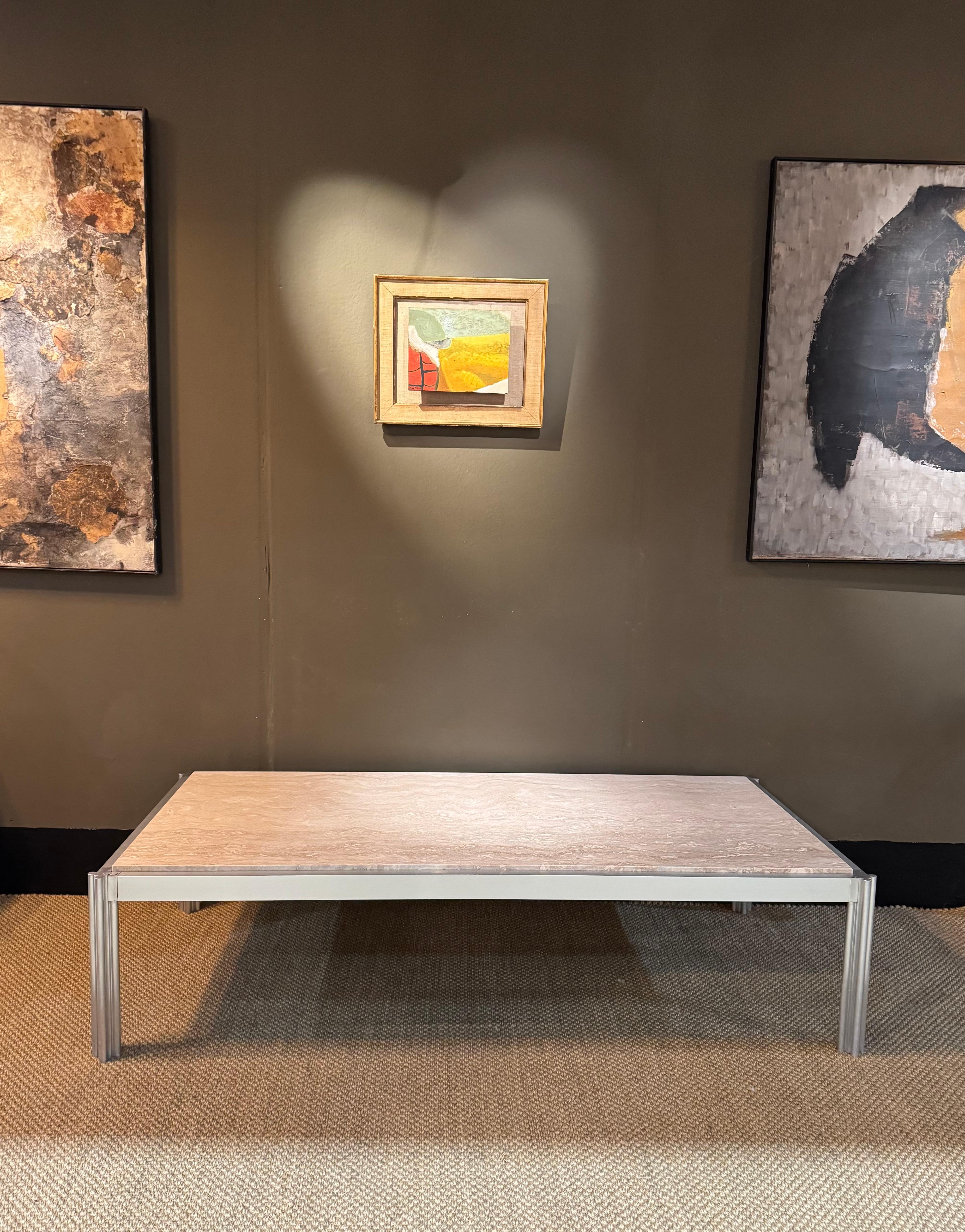 Mid-Century Modern George Ciancimino large travertine and aluminium coffee table For Sale