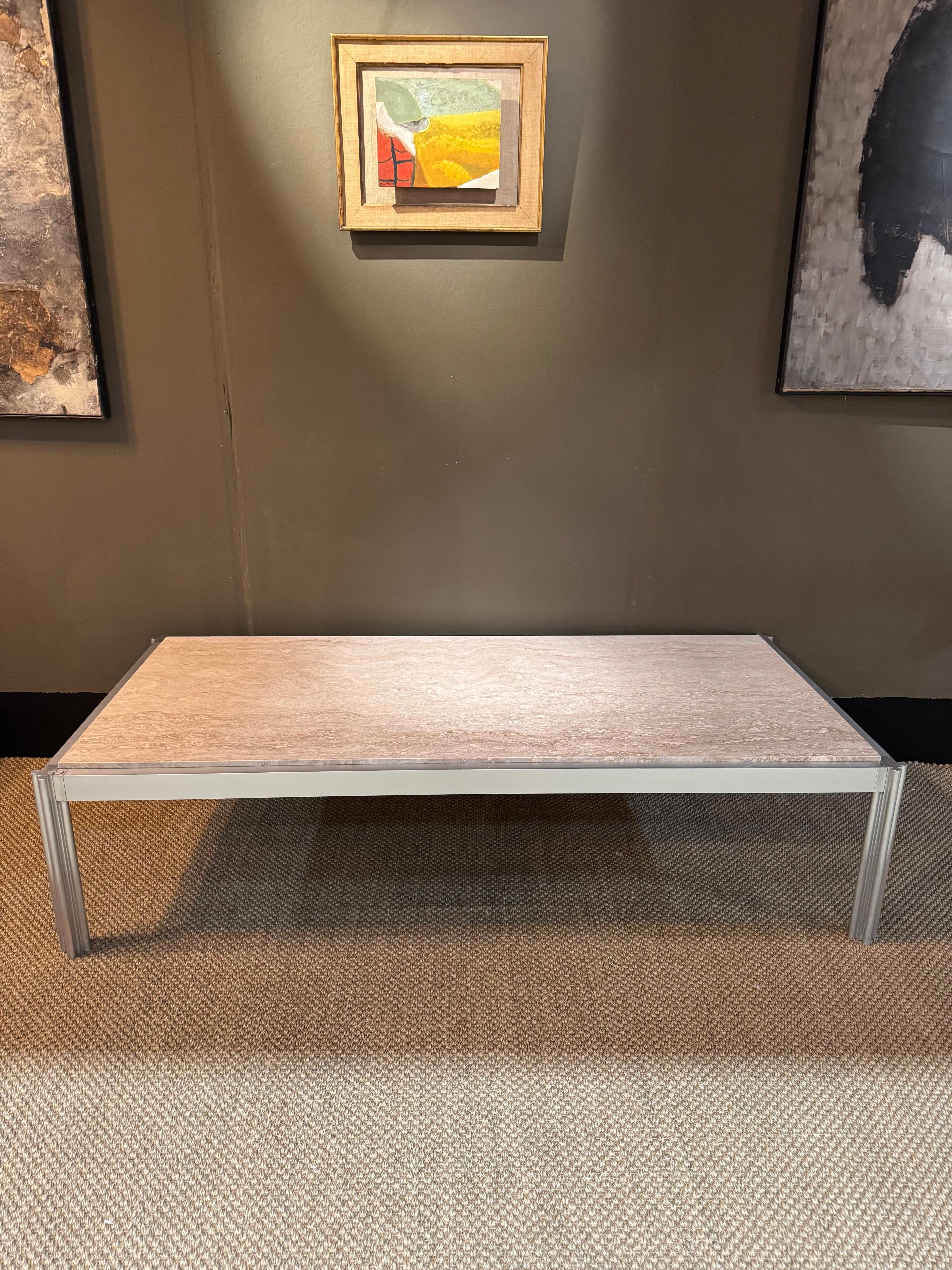 Polished George Ciancimino large travertine and aluminium coffee table For Sale
