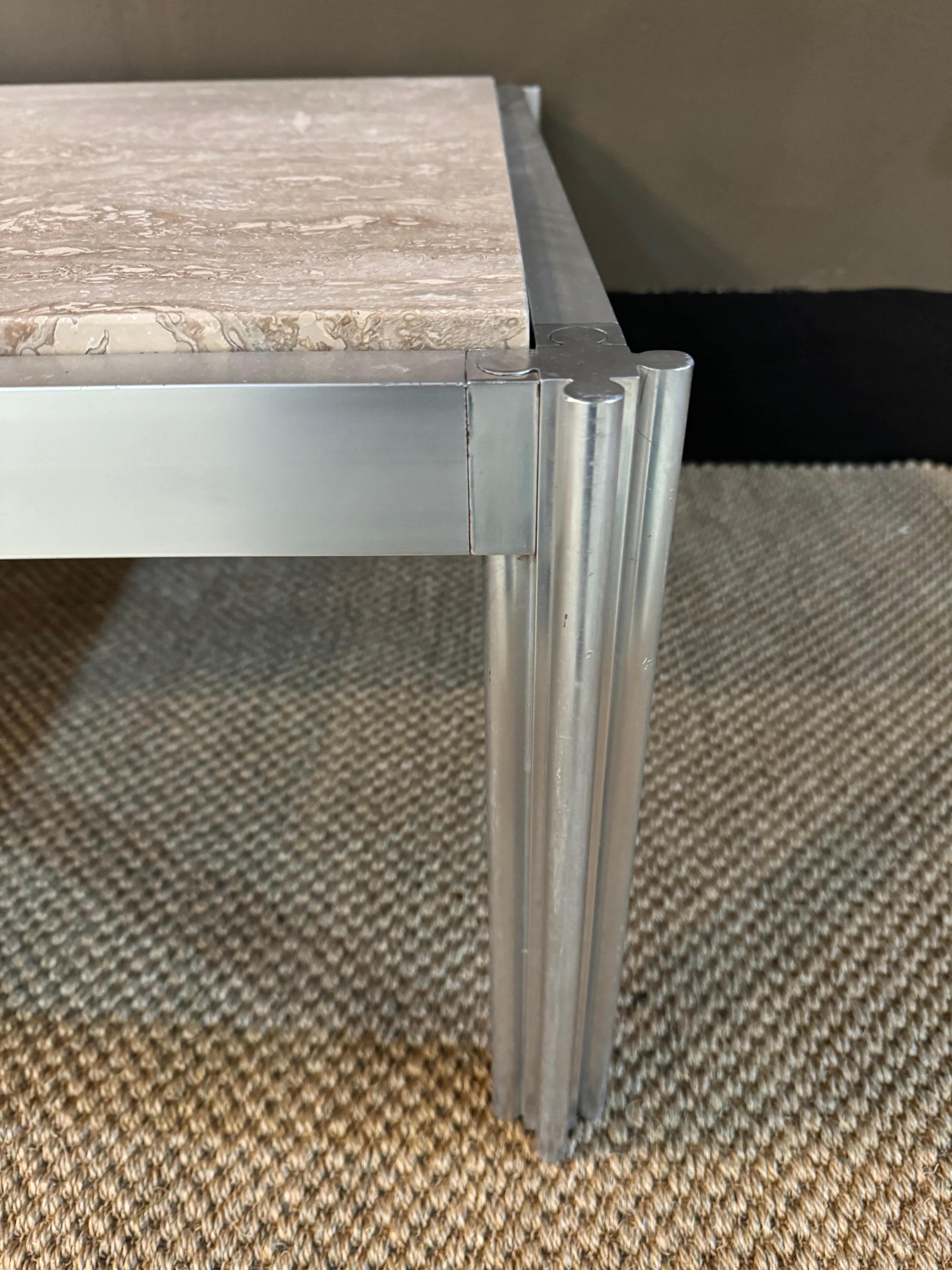 Aluminum George Ciancimino large travertine and aluminium coffee table For Sale
