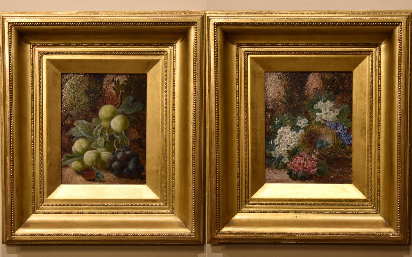 George Clare Still-Life Painting - Oil paintings pair by Oliver Clare "Fruit" and "Flowers" 