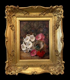Primroses and Bird's Nest, Victorian Oil on Canvas, Signed, 14.5x12.25