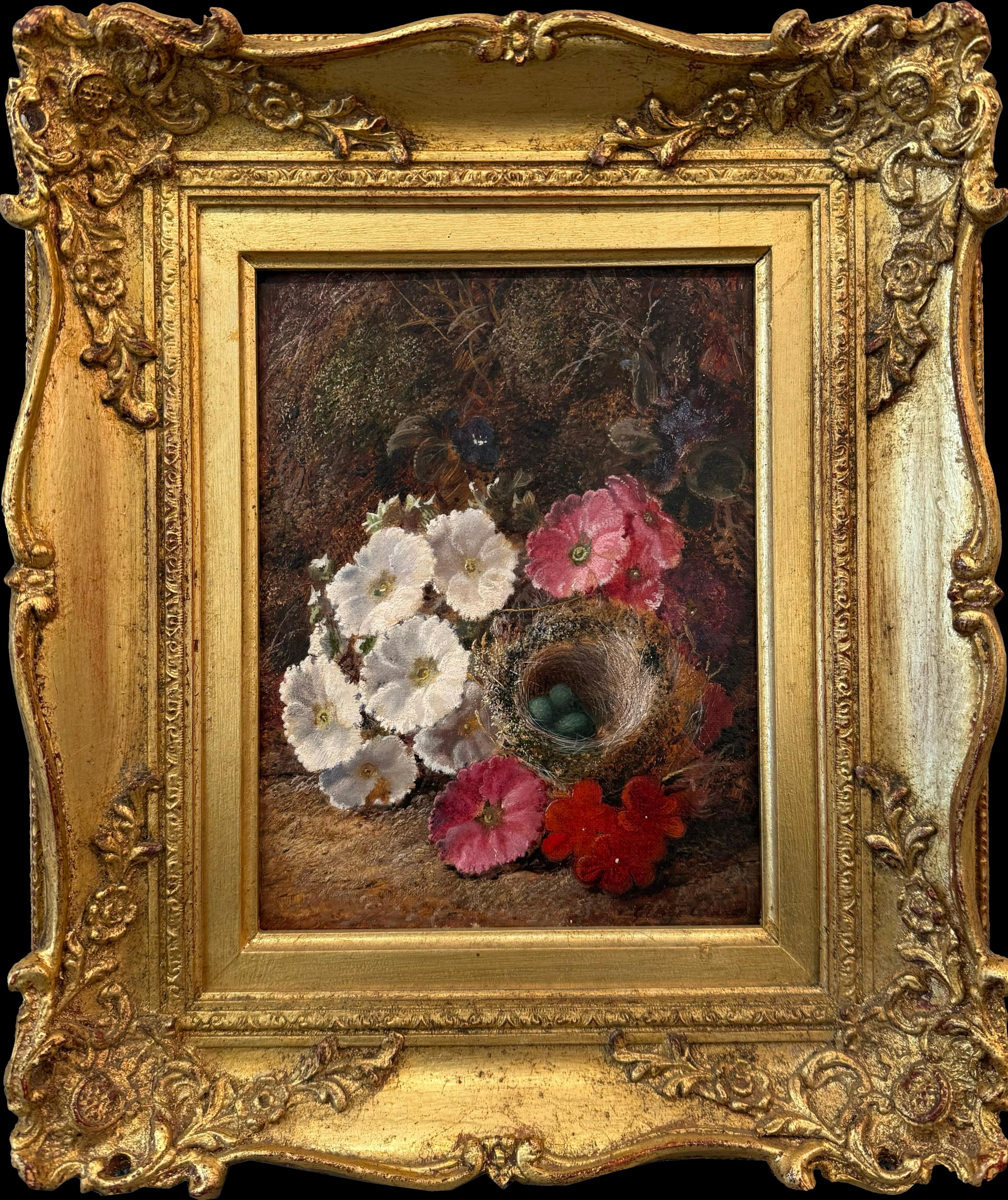 George Clare Still-Life Painting - Primroses and Bird's Nest, Victorian Oil on Canvas, Signed, 14.5x12.25