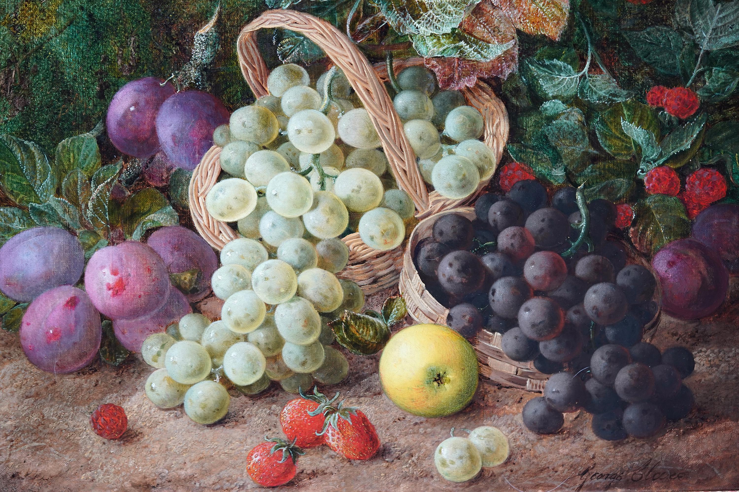 This lovely British Victorian still life oil painting is by noted still life painter George Clare. Painted circa1870 the composition is different fruit, including green and red grapes spilling out of baskets on a mossy bank. Clare has perfectly
