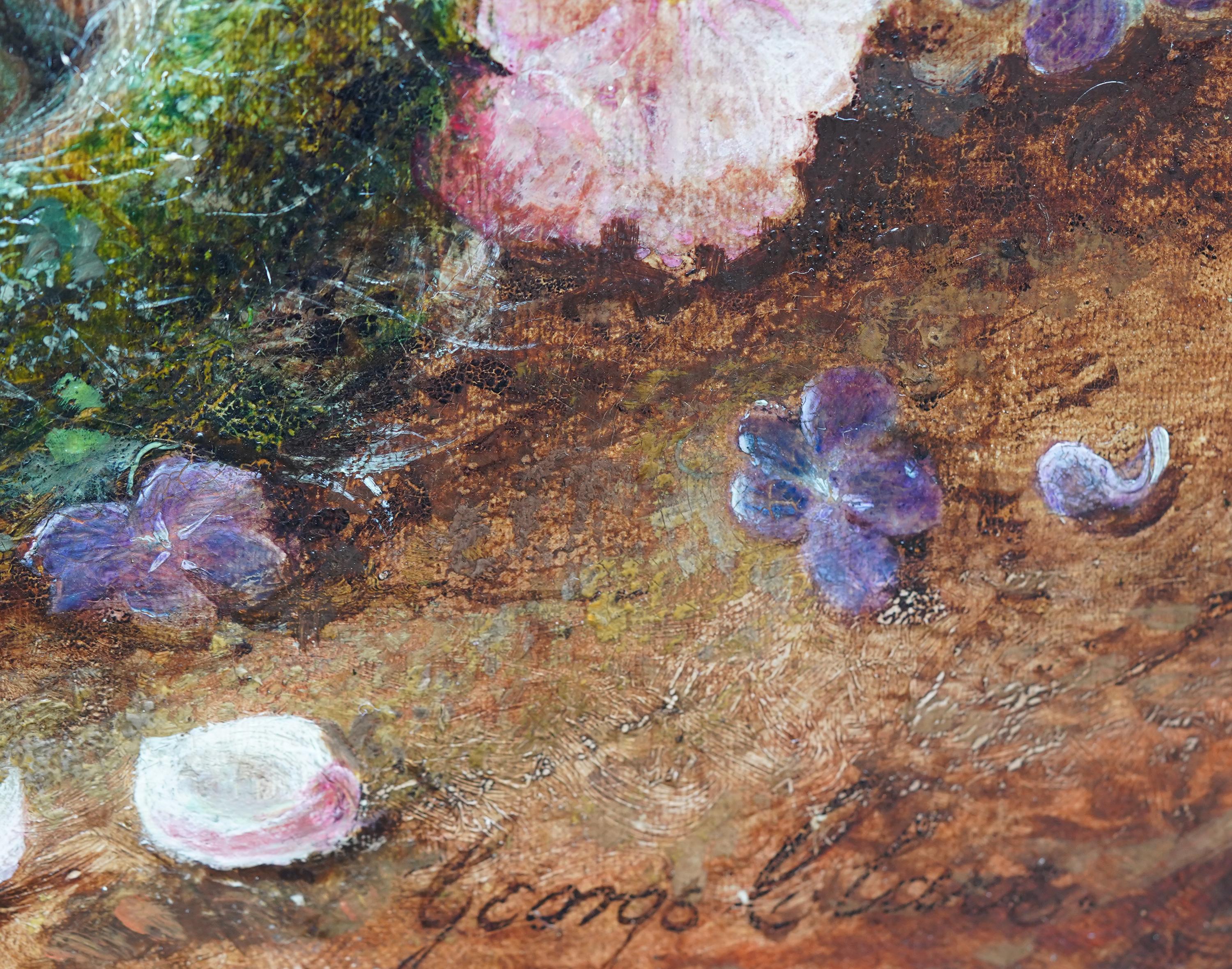 Bodegón de flores de primavera y nido de pájaros - Pintura al óleo de arte victoriano británico en venta 5