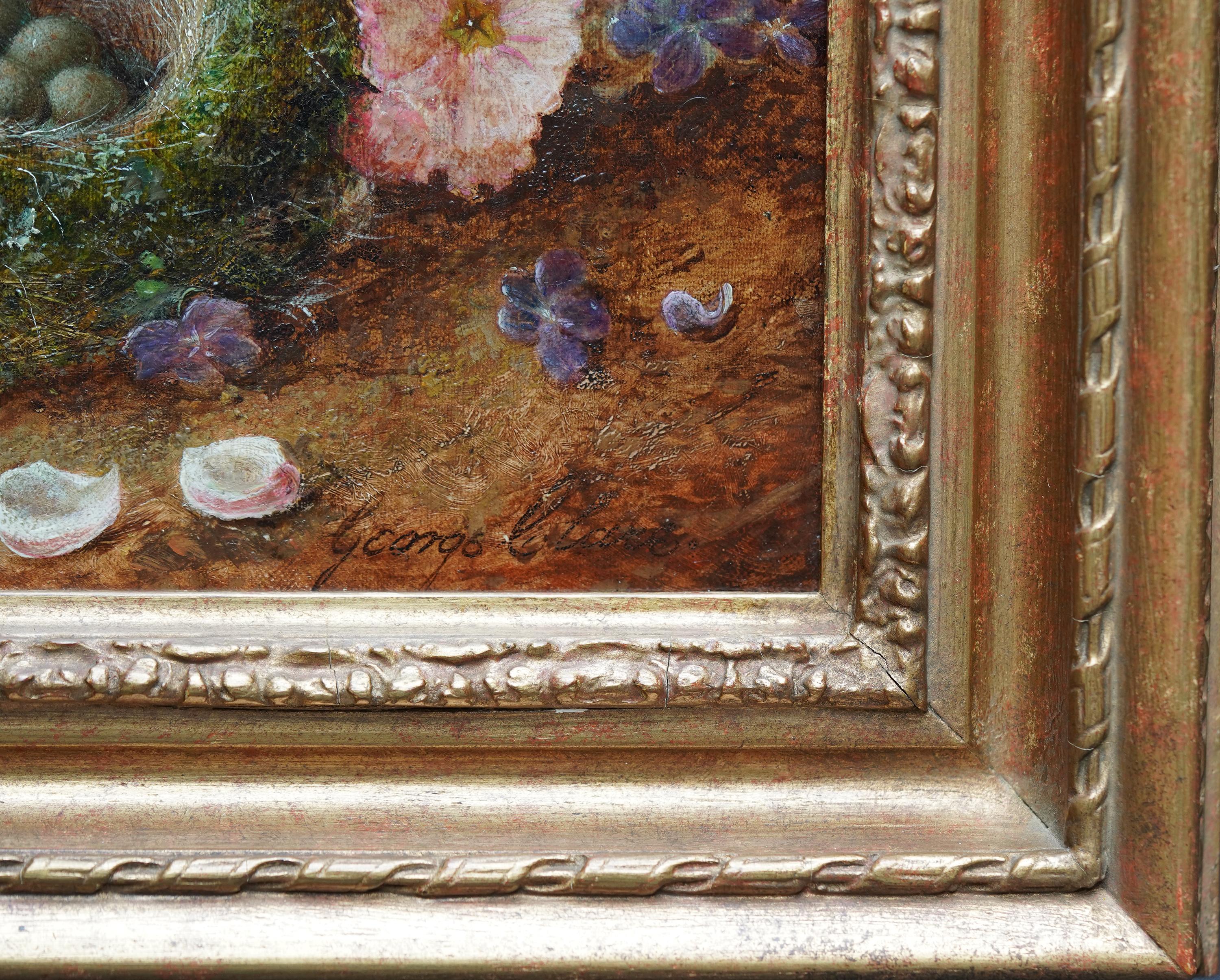 Bodegón de flores de primavera y nido de pájaros - Pintura al óleo de arte victoriano británico en venta 6