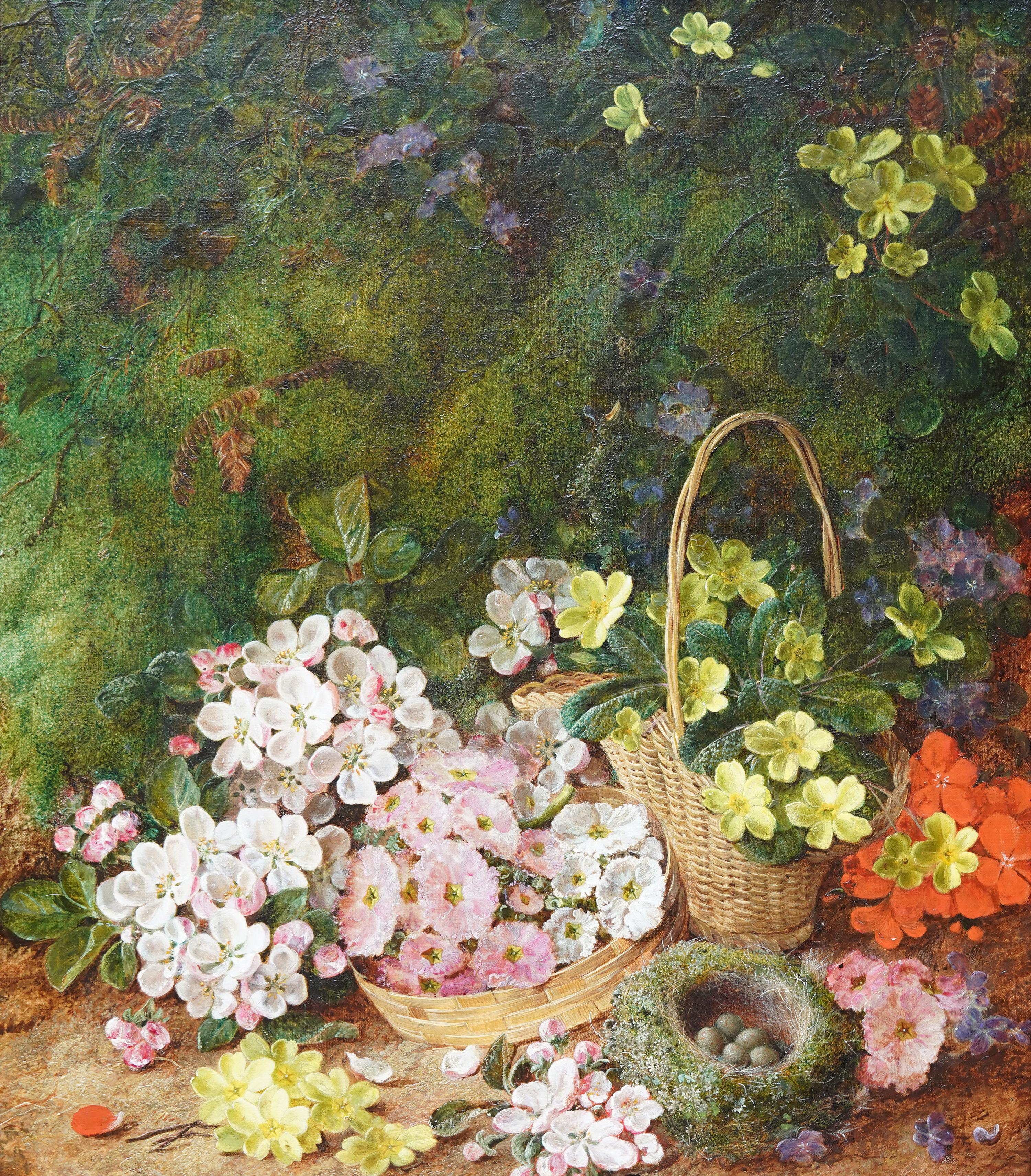 Still Life of Spring Flowers and Birds Nest - British Victorian art oil painting - Painting by George Clare