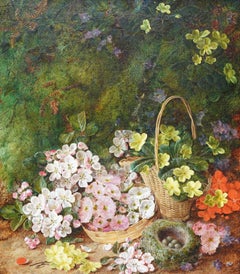 Natura morta di fiori primaverili e nido d'uccelli - pittura ad olio di arte vittoriana britannica