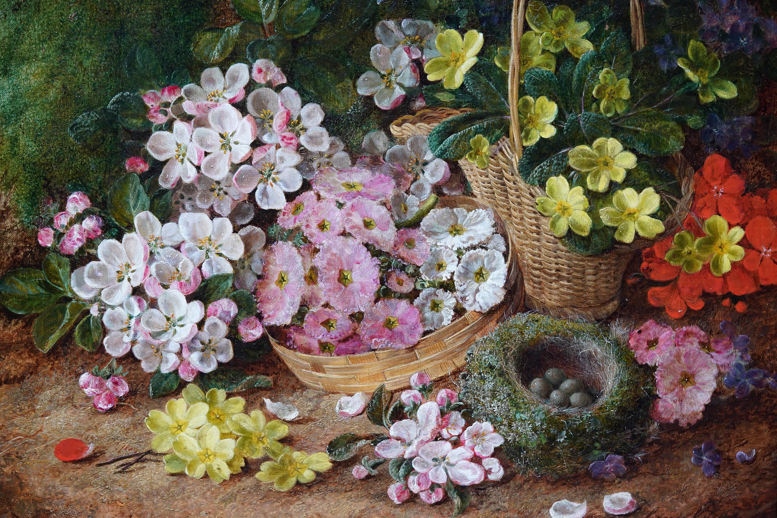 This lovely British Victorian still life oil painting is by noted still life Birmingham artist George Clare. Painted circa1870 the composition is one of his favourites, a bird's nest with spring flowers on a mossy bank. The nest is probably a black