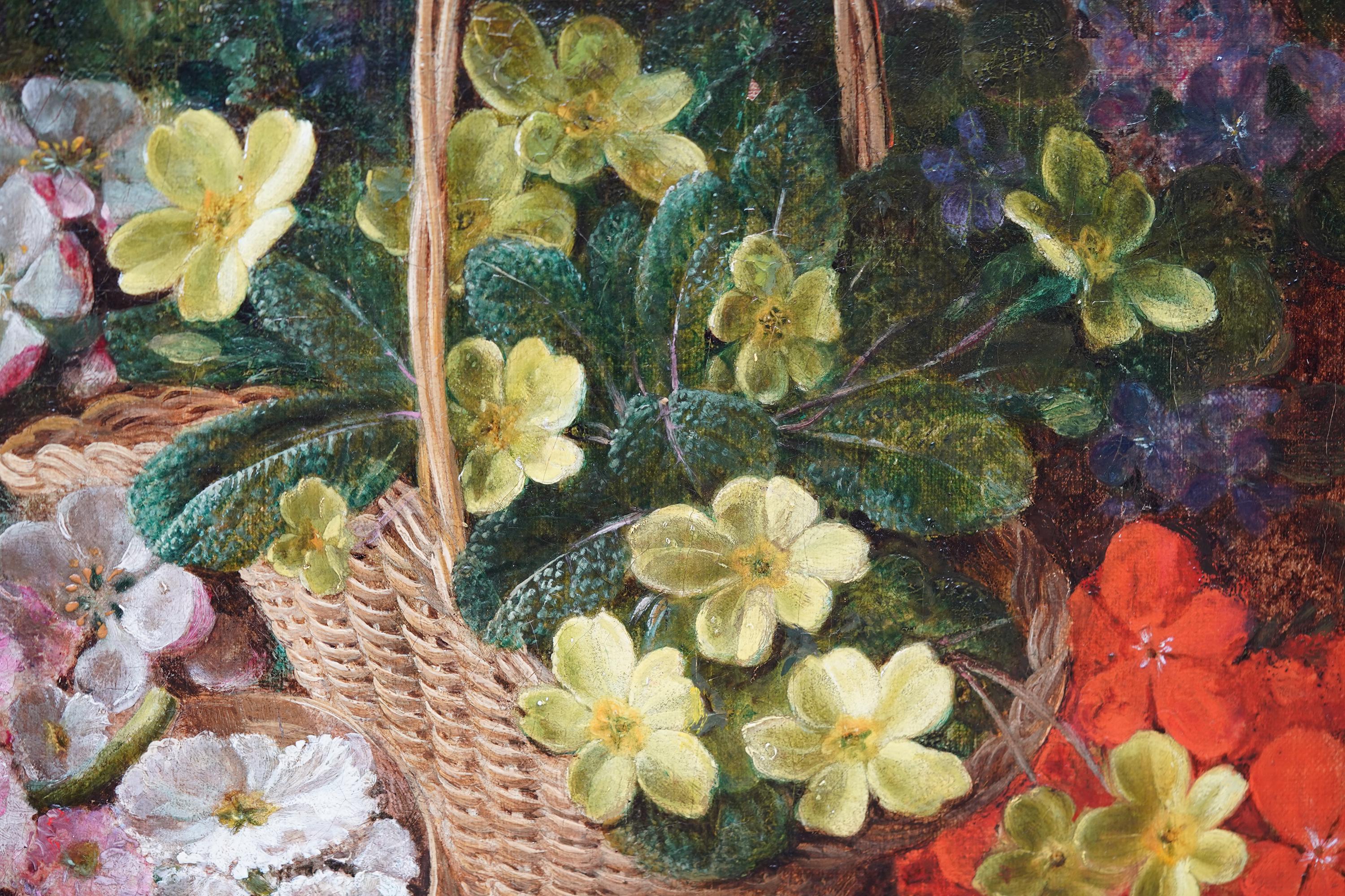 Este precioso bodegón victoriano británico al óleo es obra del célebre pintor de bodegones de Birmingham George Clare. Pintada hacia 1870, la composición es una de sus favoritas: un nido de pájaro con flores primaverales en una orilla musgosa. El