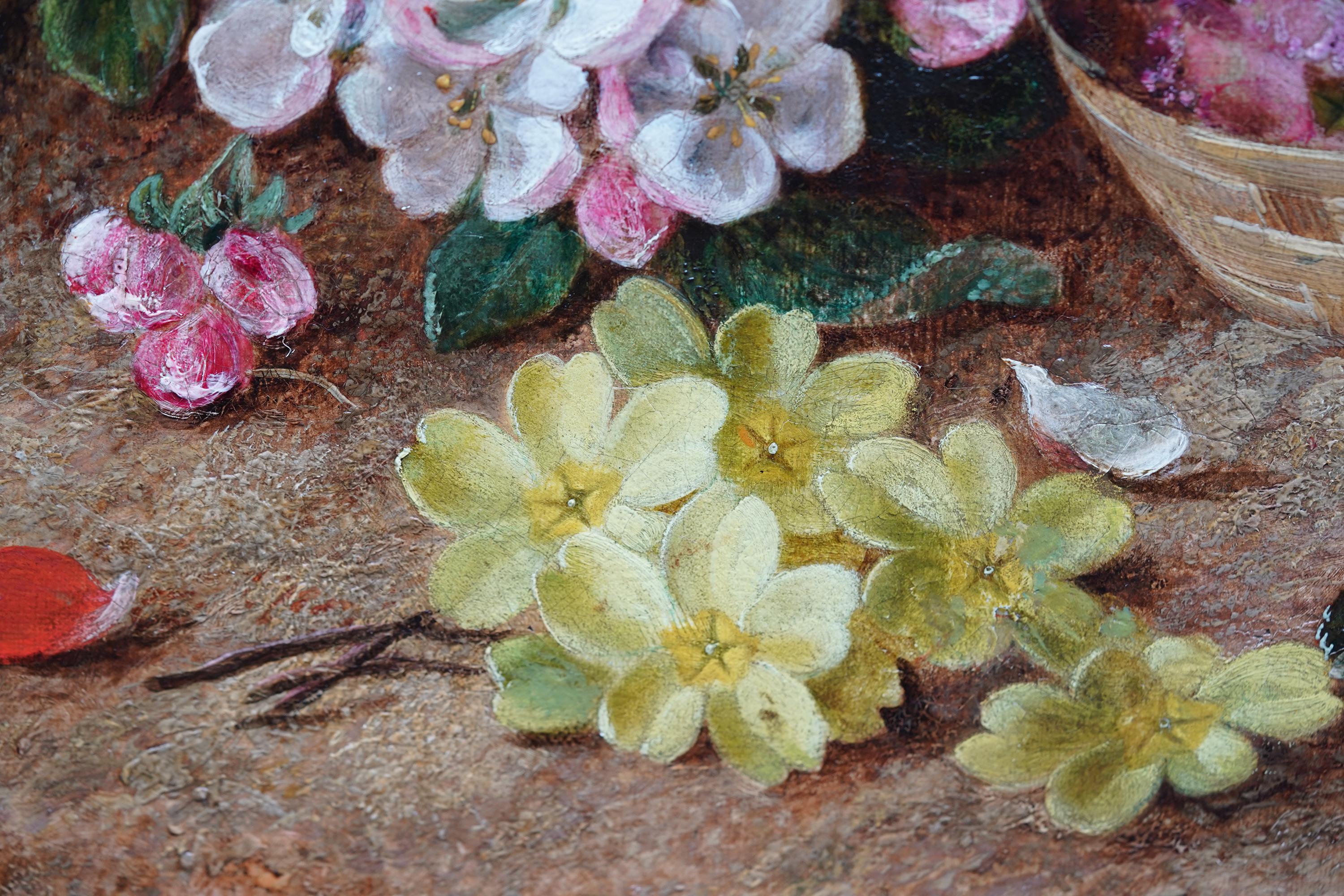Bodegón de flores de primavera y nido de pájaros - Pintura al óleo de arte victoriano británico en venta 1