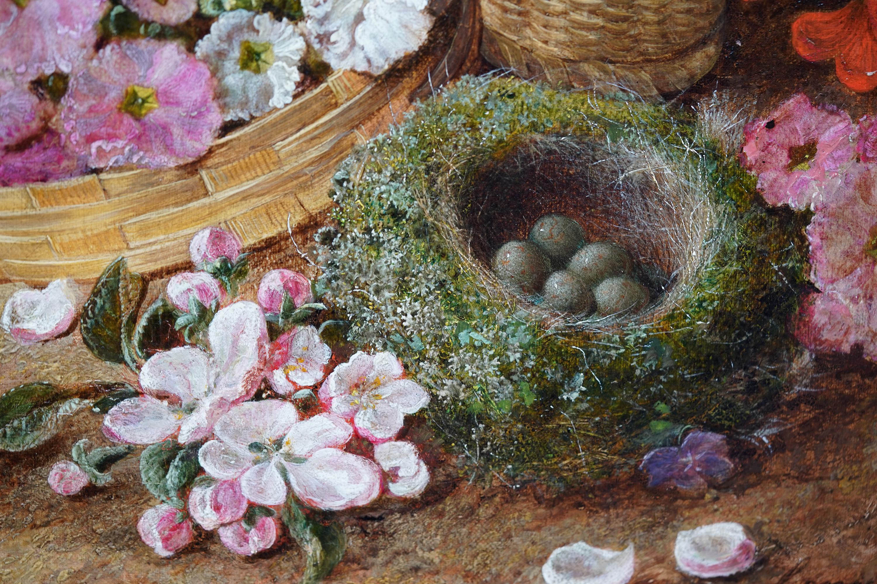Still Life of Spring Flowers and Birds Nest - British Victorian art oil painting For Sale 4