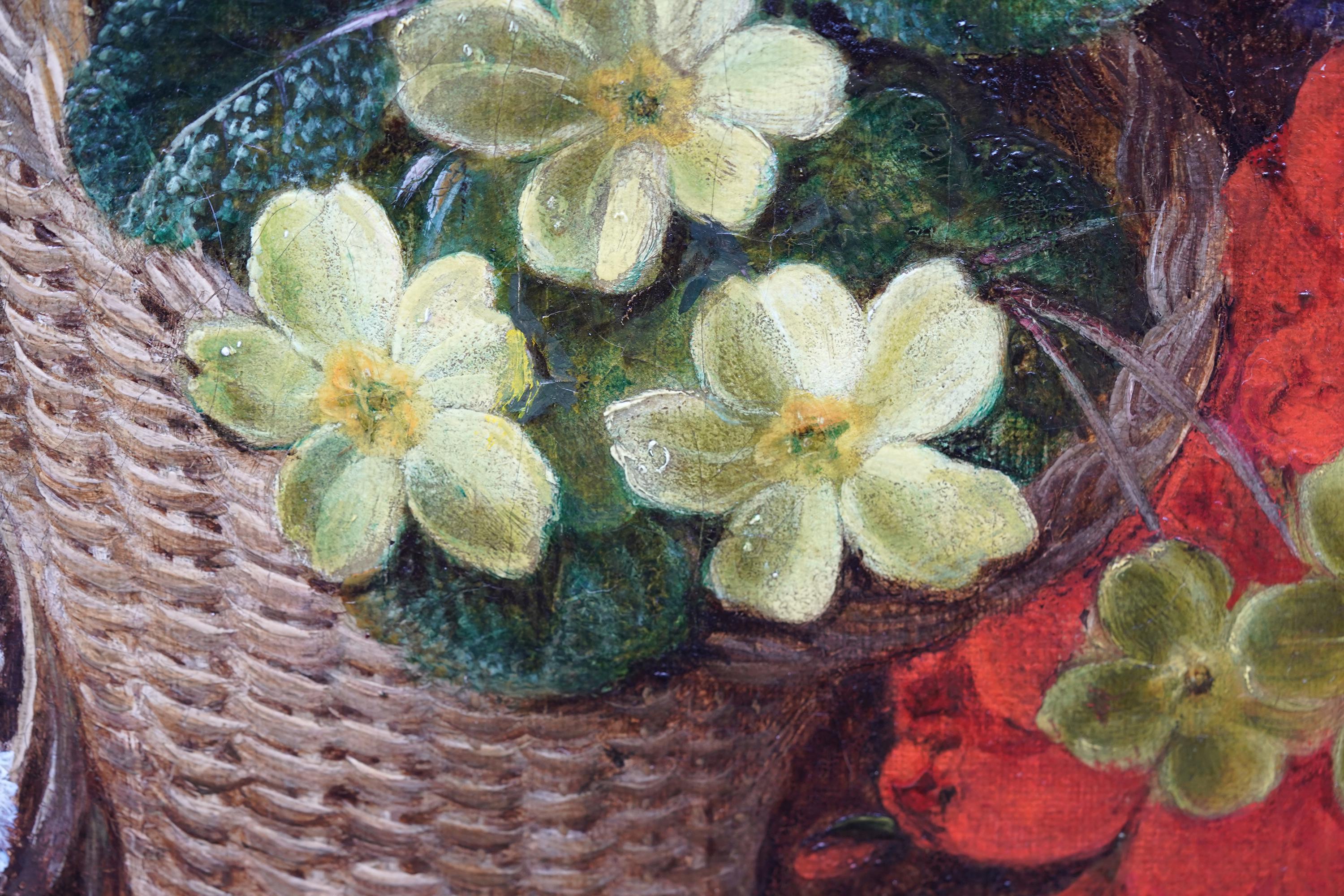 Bodegón de flores de primavera y nido de pájaros - Pintura al óleo de arte victoriano británico en venta 3