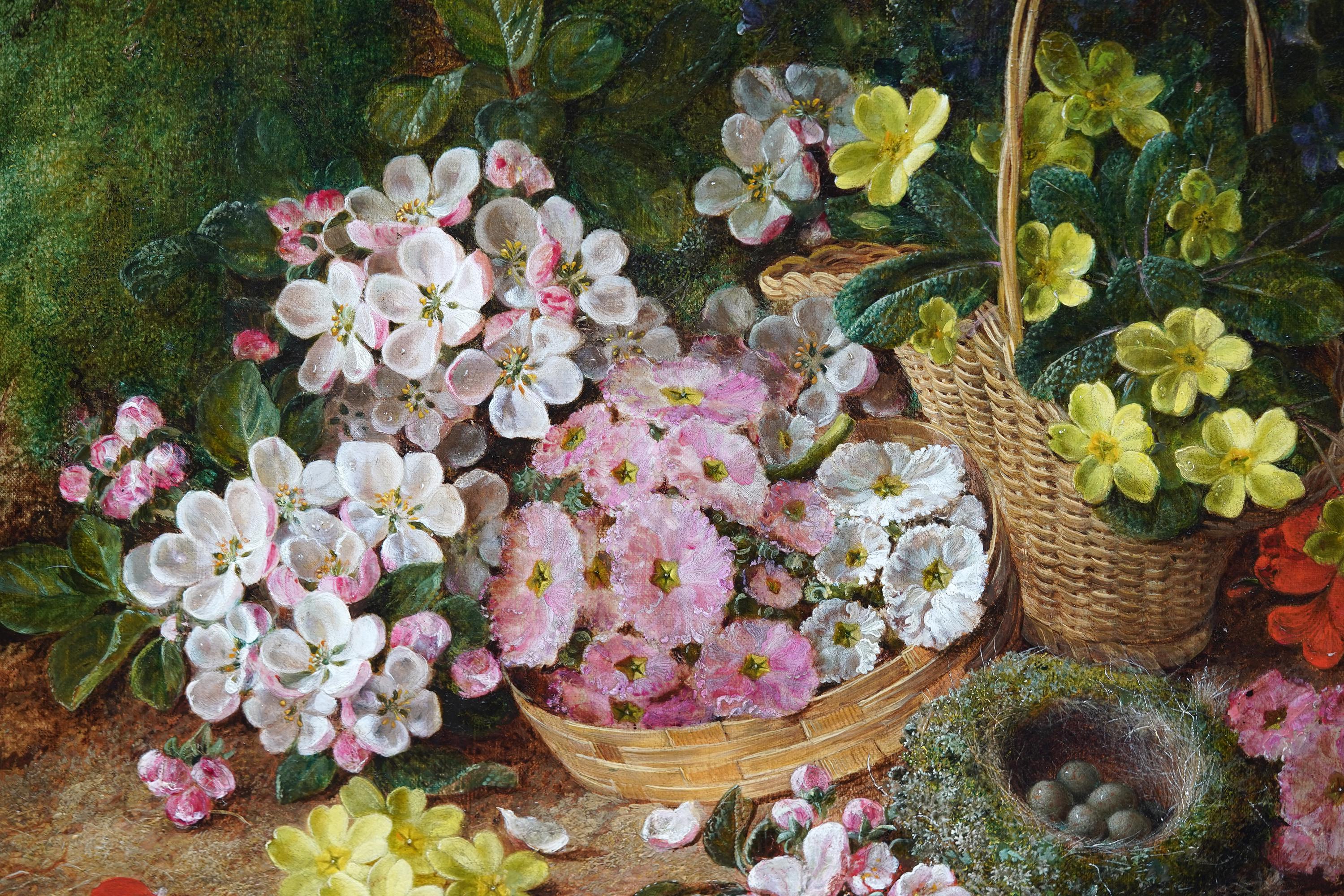 Still Life of Spring Flowers and Birds Nest - British Victorian art oil painting For Sale 6