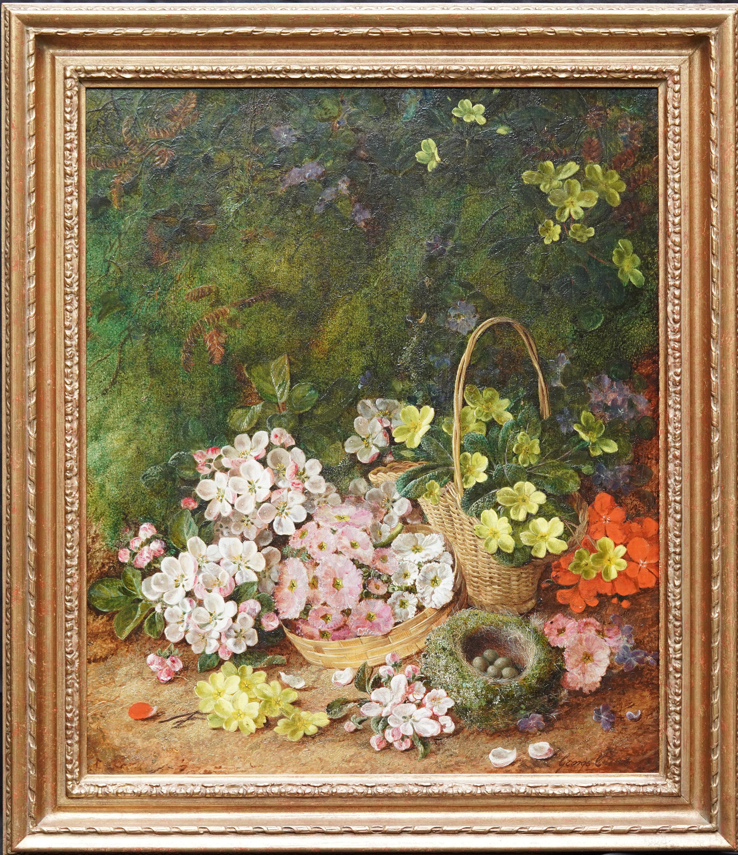 George Clare Still-Life Painting - Still Life of Spring Flowers and Birds Nest - British Victorian art oil painting