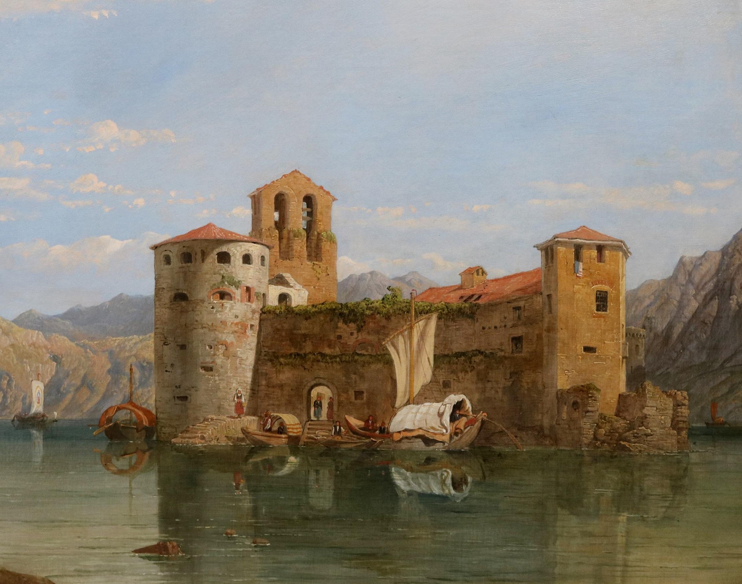 Castelli di Cannero, Lac Majeur - Huile sur toile des lacs italiens du 19e siècle - Marron Figurative Painting par George Clarkson Stanfield