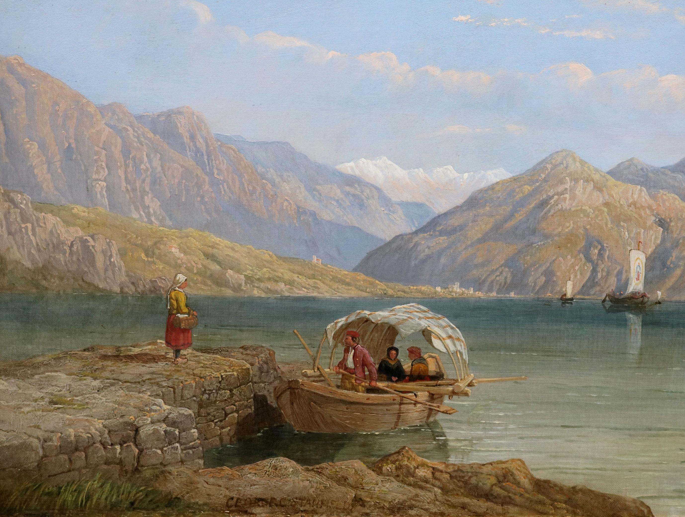 Castelli di Cannero, Lac Majeur - Huile sur toile des lacs italiens du 19e siècle en vente 1