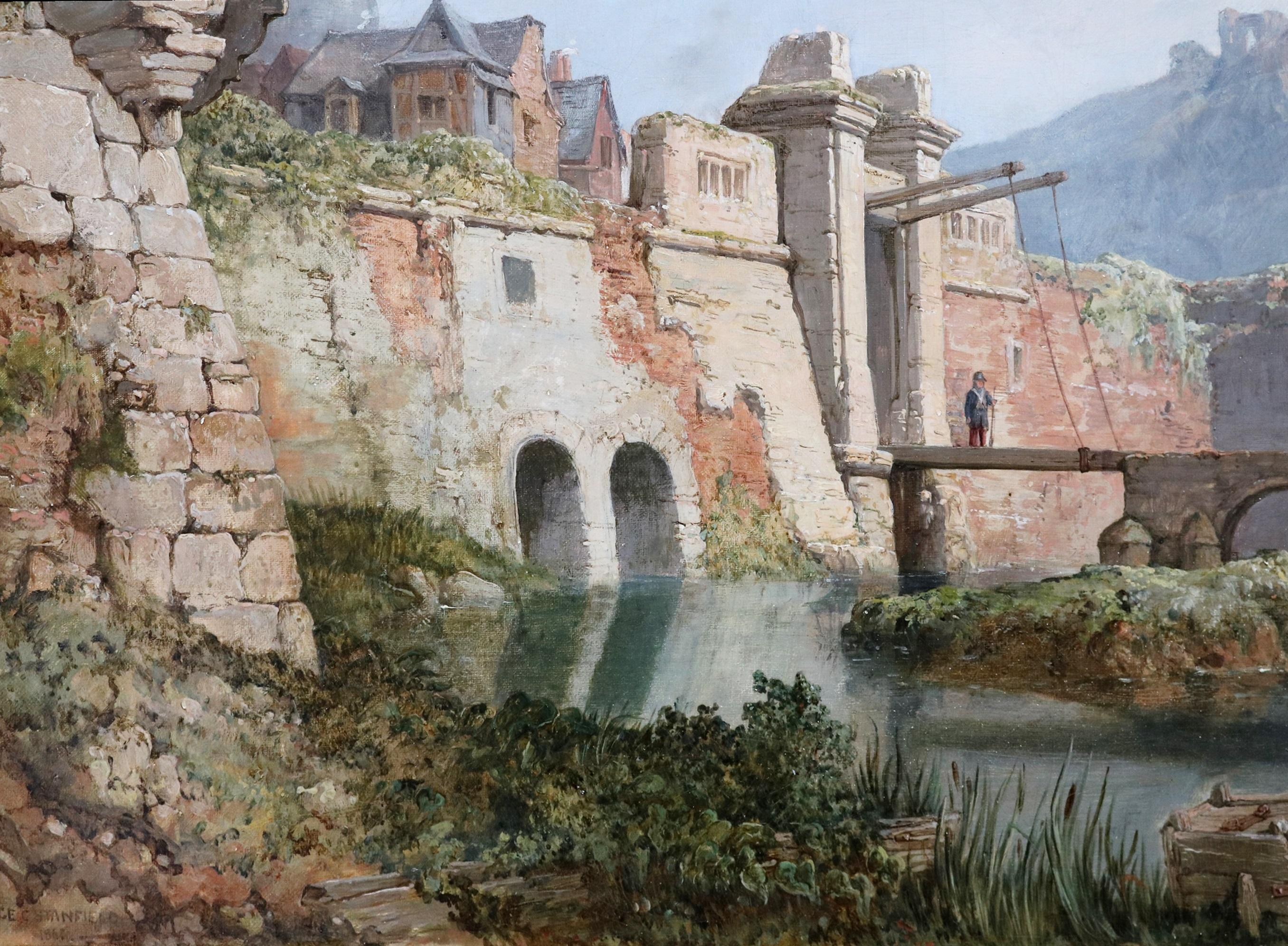 Fortezza di Charlemont - Pittura a olio del XIX secolo Paesaggio fluviale Castello francese in vendita 5