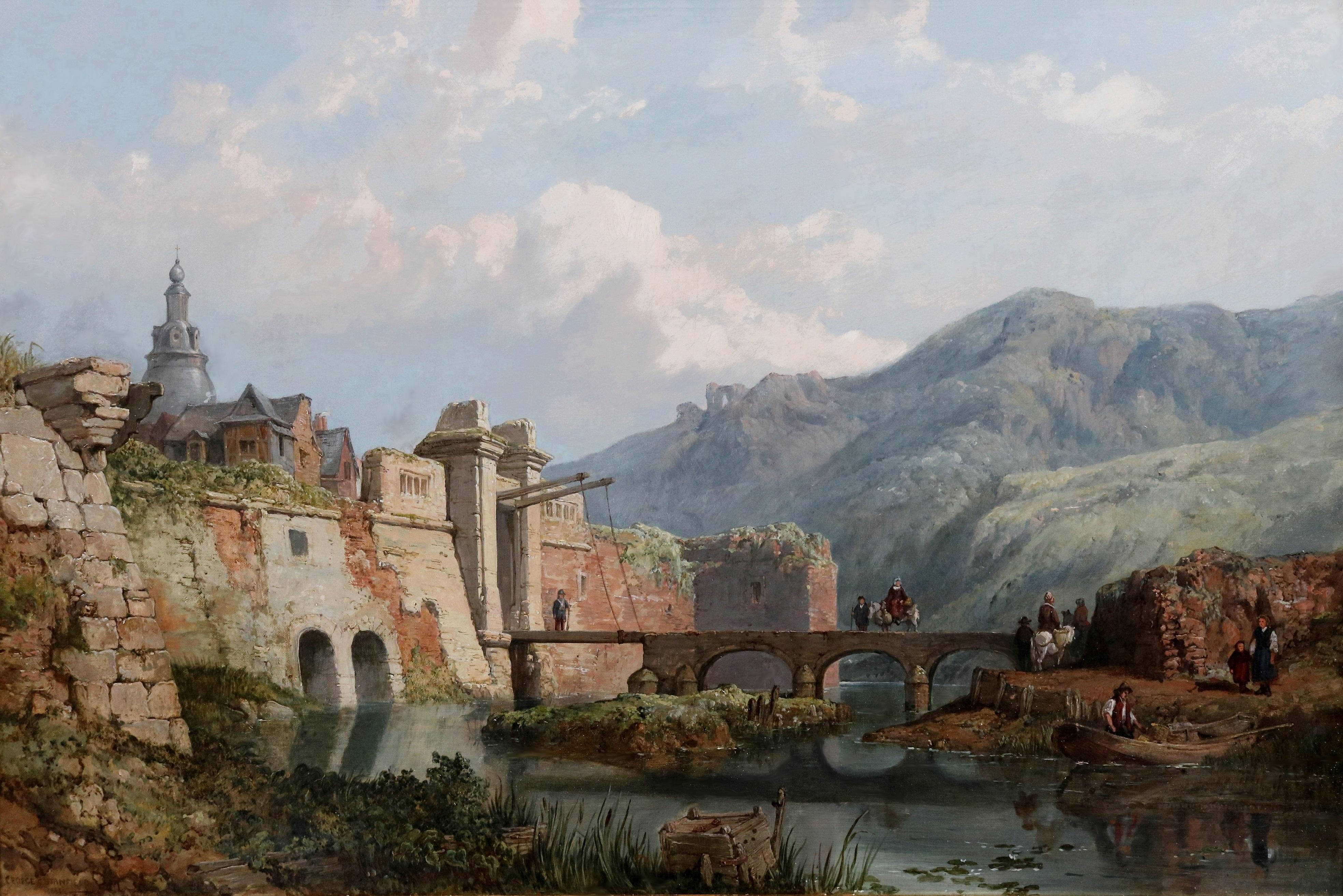 Fortezza di Charlemont - Pittura a olio del XIX secolo Paesaggio fluviale Castello francese - Painting di George Clarkson Stanfield