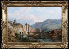 Fortezza di Charlemont - Pittura a olio del XIX secolo Paesaggio fluviale Castello francese