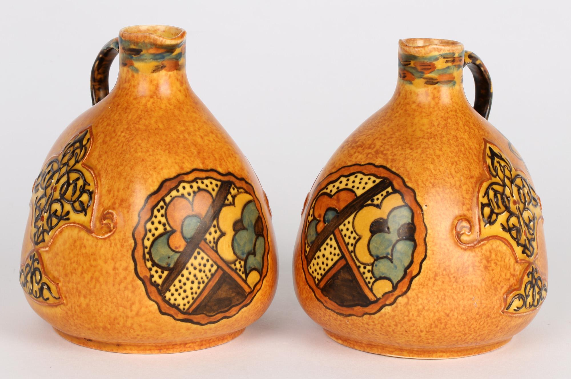 George Clews Tunstall Pair Chameleon Ware Art Deco Persian Pottery Jugs For Sale 3
