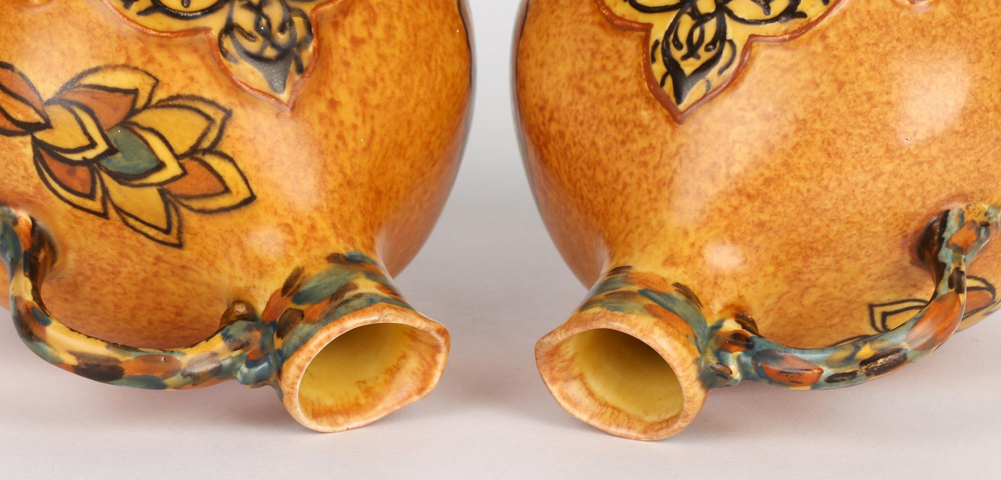 English George Clews Tunstall Pair Chameleon Ware Art Deco Persian Pottery Jugs For Sale