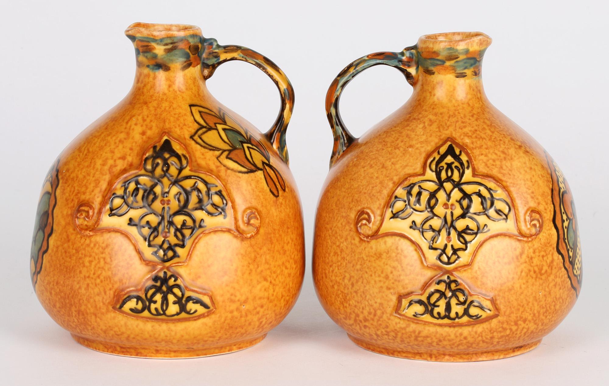 Hand-Painted George Clews Tunstall Pair Chameleon Ware Art Deco Persian Pottery Jugs For Sale