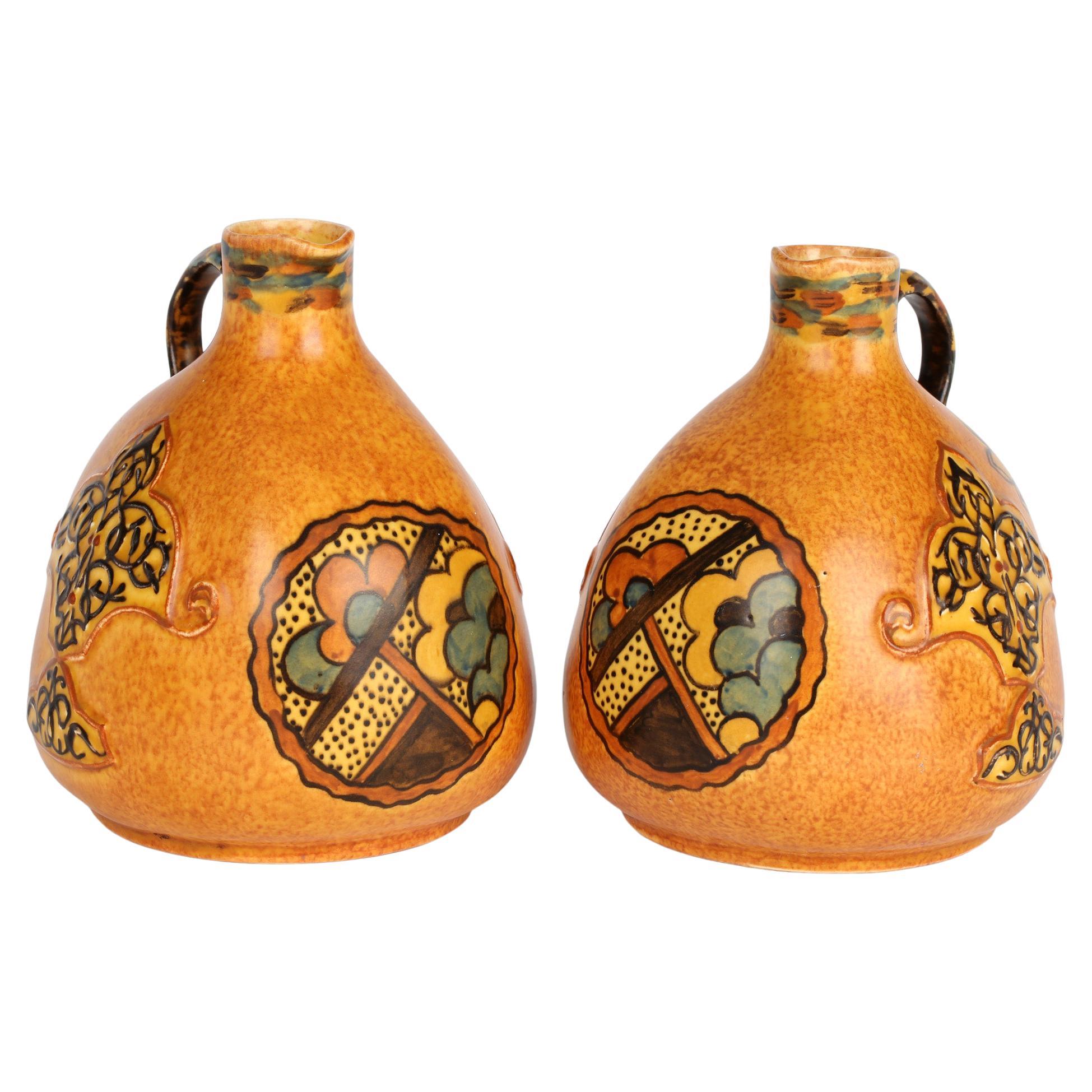 George Clews Tunstall Pair Chameleon Ware Art Deco Persian Pottery Jugs