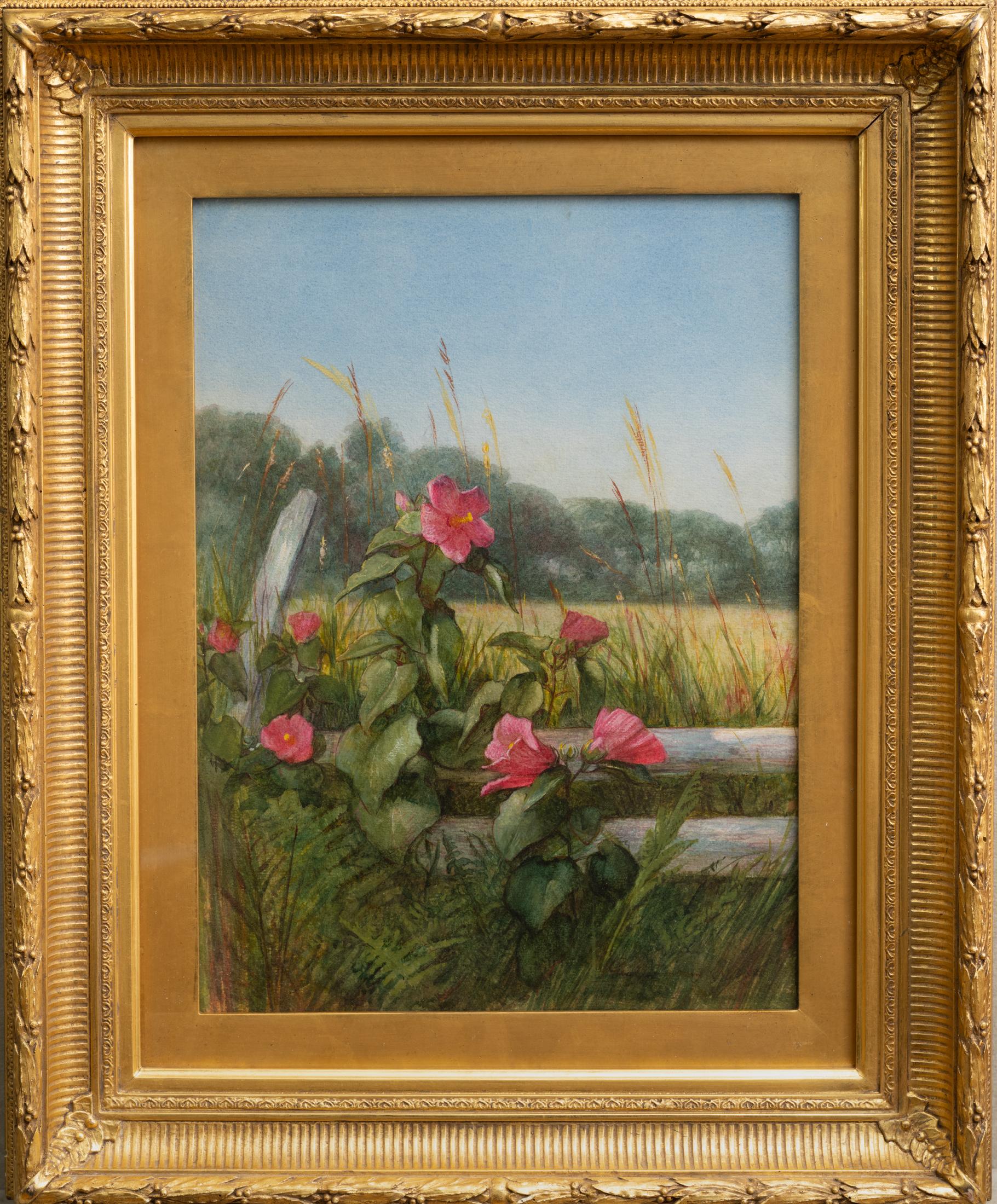 Rosa de los pantanos-Malva junto a una valla - Painting de George Cochran Lambdin