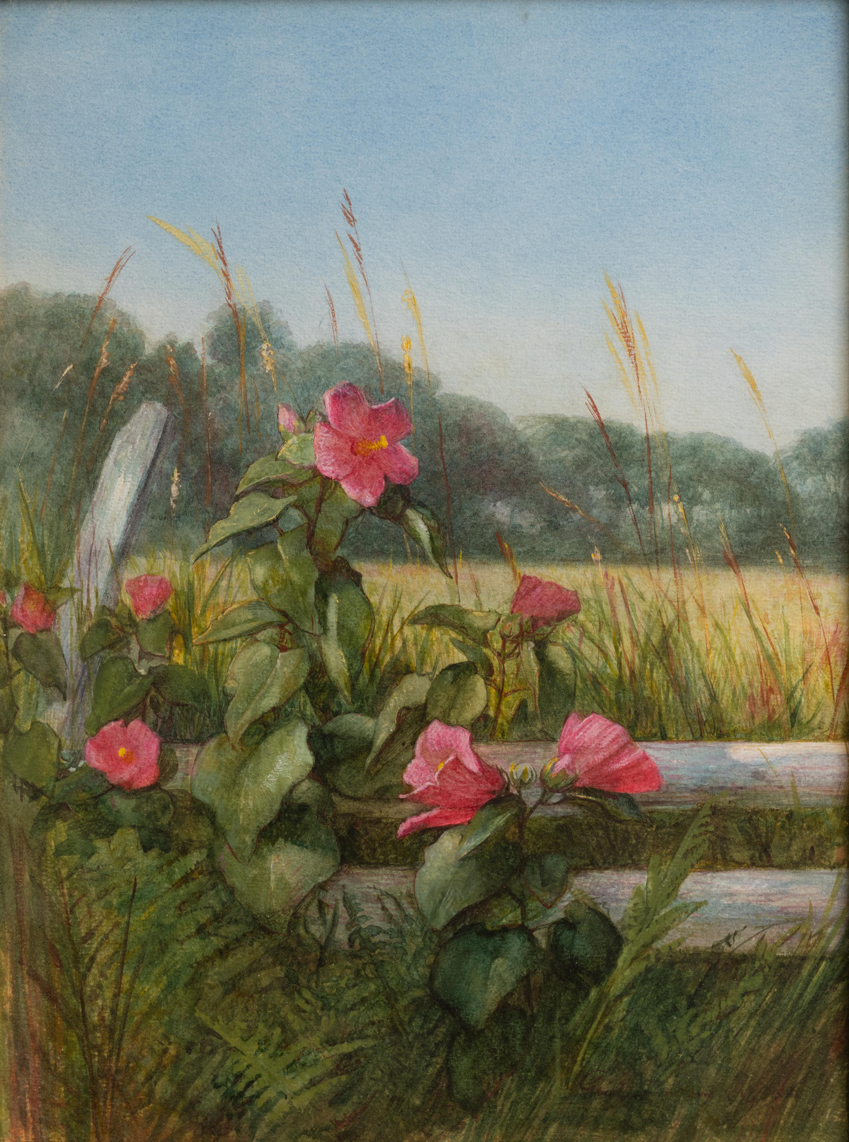 Landscape Painting de George Cochran Lambdin - Rosa de los pantanos-Malva junto a una valla