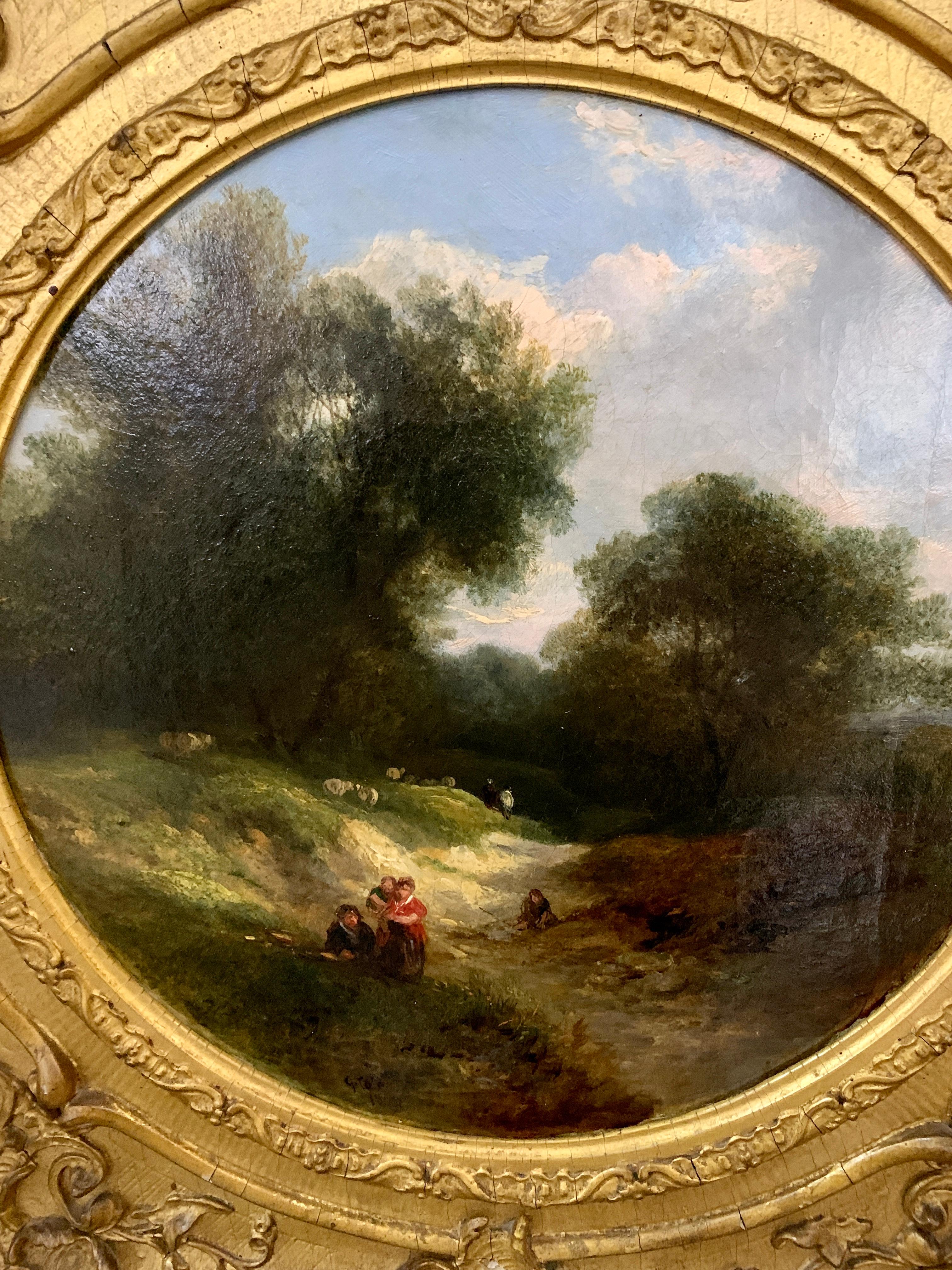 19th century English landscape oil of figures on a path and sheep - Painting by George Cole