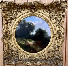 huile de paysage anglais du 19ème siècle représentant des personnages sur un chemin et des moutons