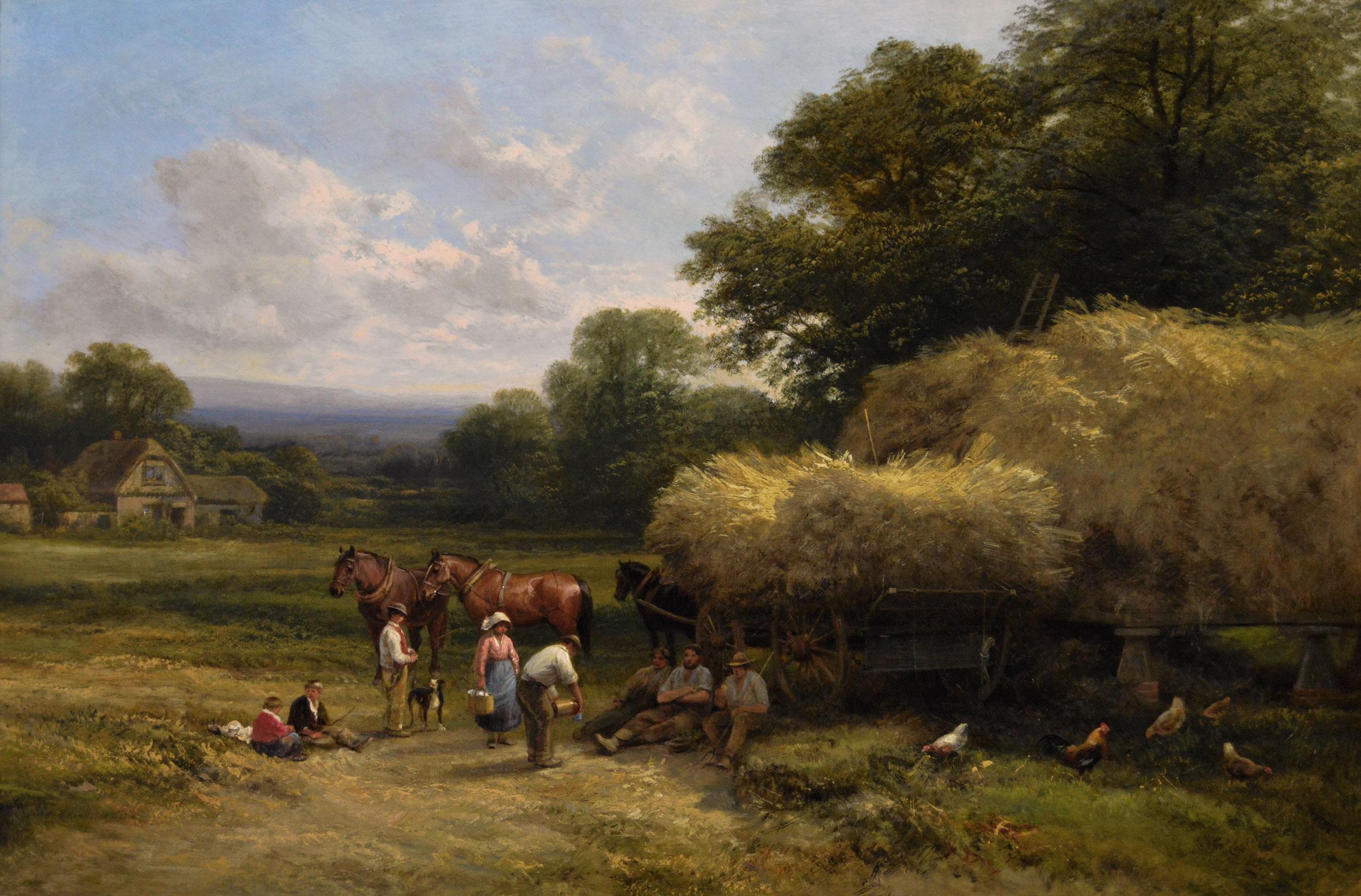 19th Century landscape genre oil painting of farmworkers with horses & a dog - Painting by George Cole