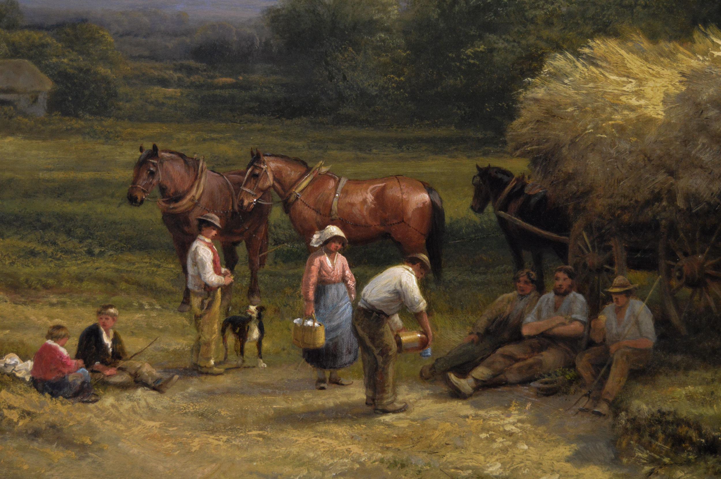 19th Century landscape genre oil painting of farmworkers with horses & a dog - Victorian Painting by George Cole