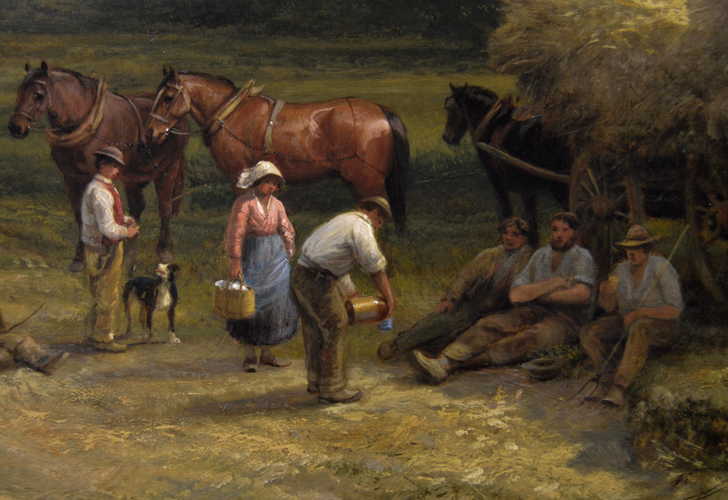 George Cole
British, (1810-1883)
Rick Making, Lunchtime
Oil on canvas, signed & dated 1883
Image size: 23.5 inches x 35.5 inches
Size including frame: 30.5 inches x 42.5 inches
Provenance: Richard Green, 4 New Bond Street, London

A wonderful