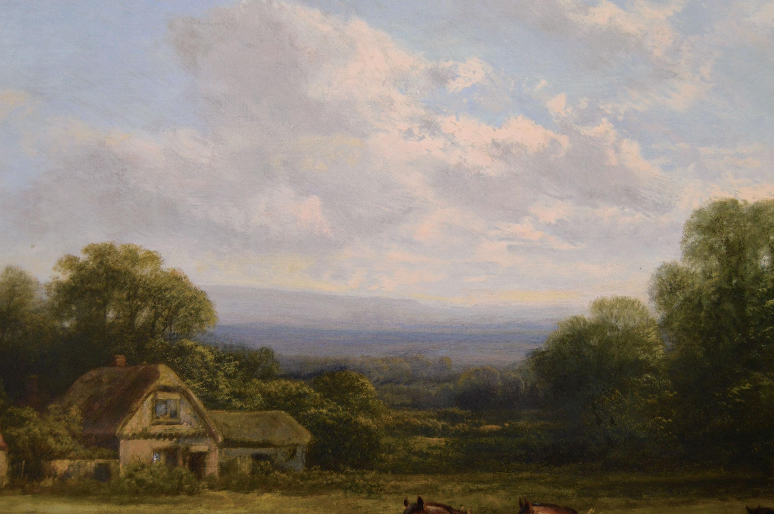 19th Century landscape genre oil painting of farmworkers with horses & a dog For Sale 1