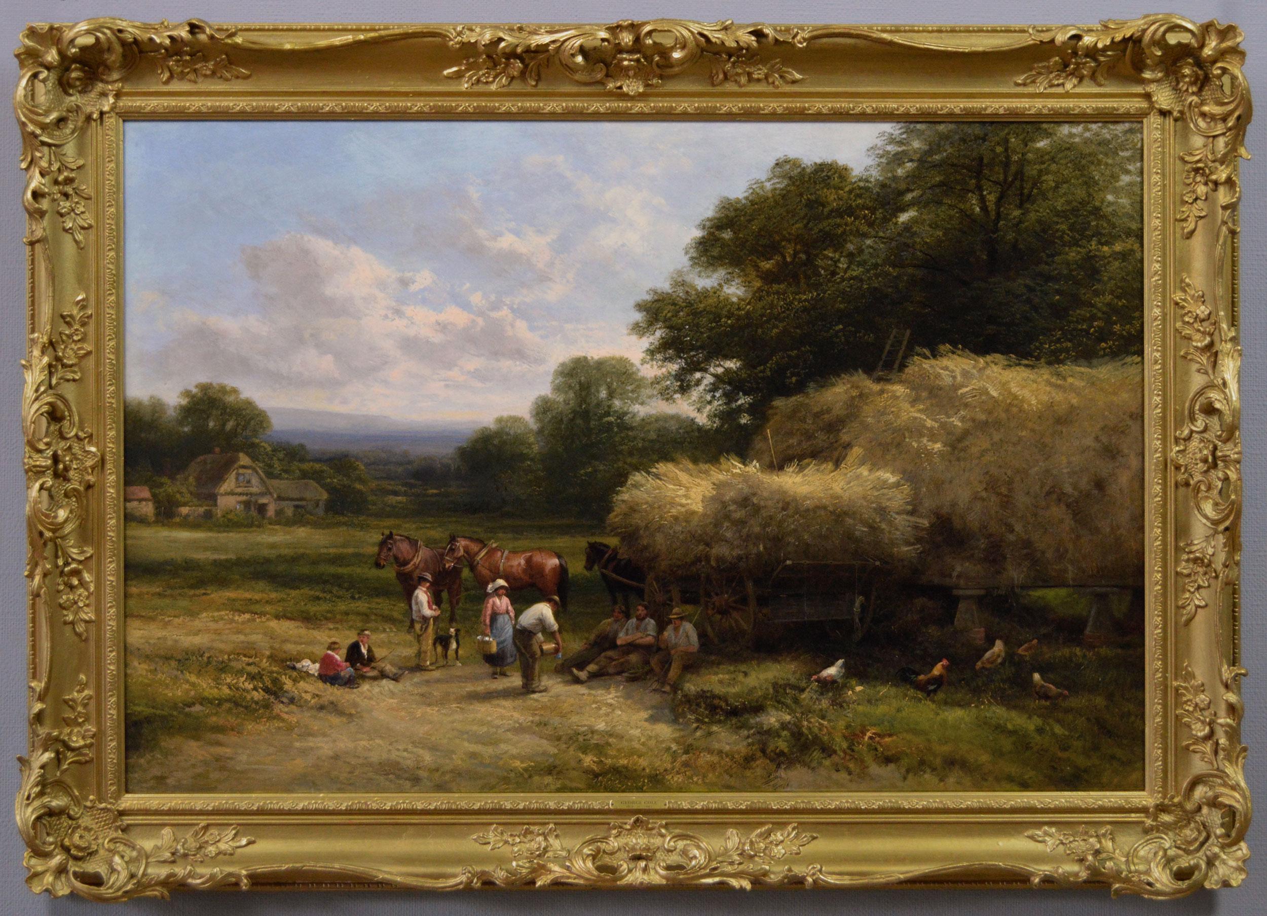 Peinture à l'huile de genre paysage du 19e siècle représentant des ouvriers agricoles avec des chevaux et un chien