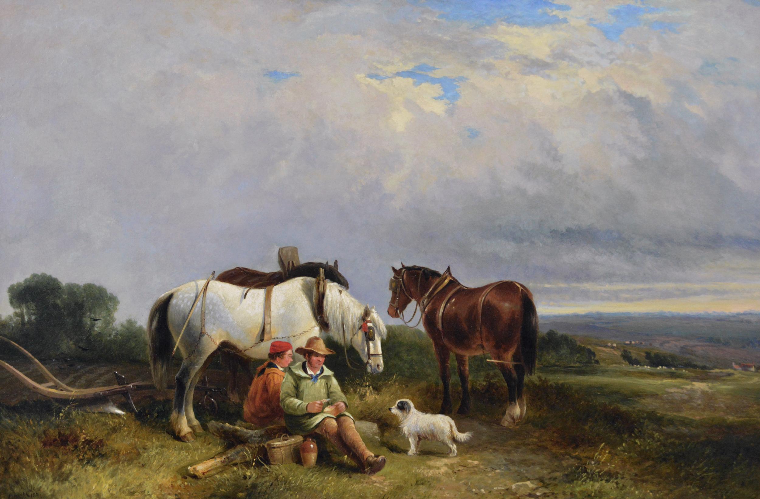 19th Century landscape genre oil painting of ploughmen with horses & a dog - Painting by George Cole