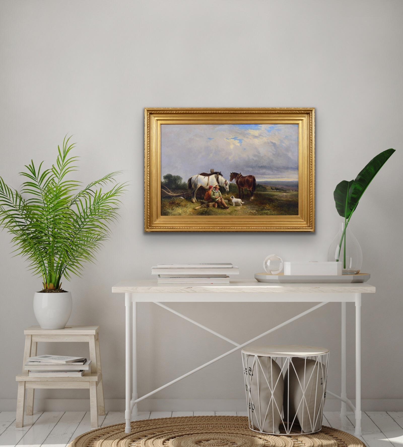 19th Century landscape genre oil painting of ploughmen with horses & a dog For Sale 1