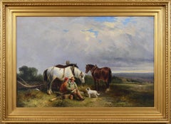 Antique 19th Century landscape genre oil painting of ploughmen with horses & a dog