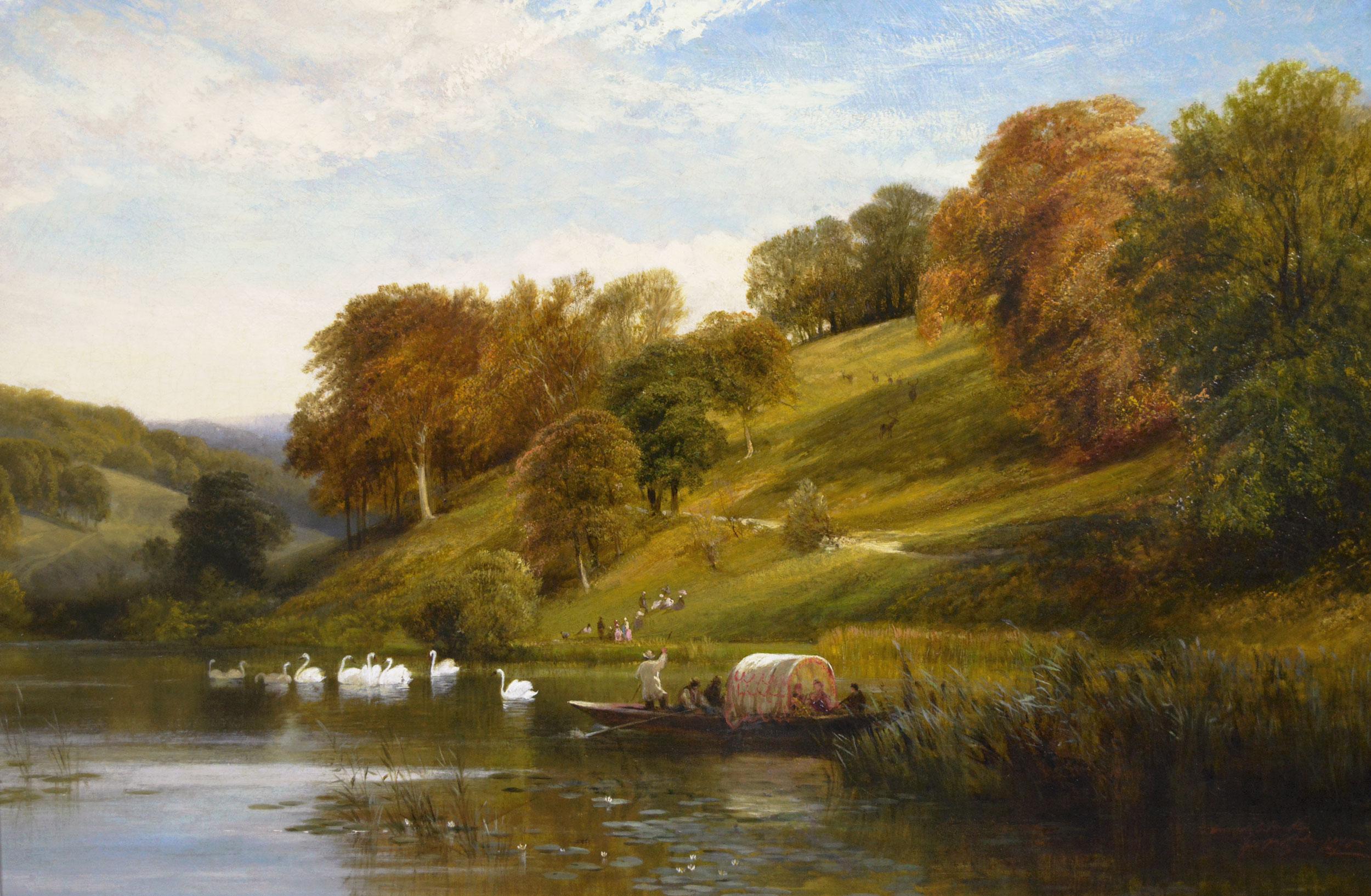 Paesaggio del XIX secolo dipinto a olio con persone che vanno in barca in un lago di Arundel Park - Painting di George Cole