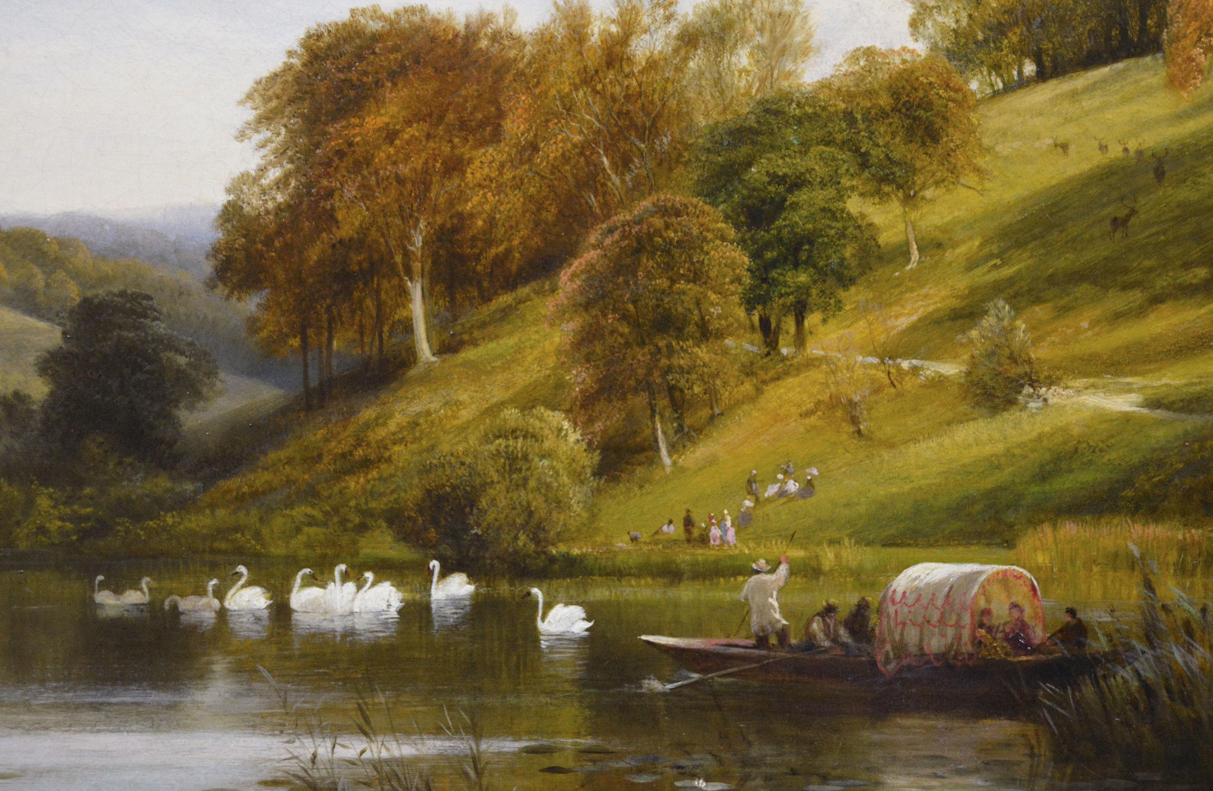 Paesaggio del XIX secolo dipinto a olio con persone che vanno in barca in un lago di Arundel Park - Painting Vittoriano di George Cole