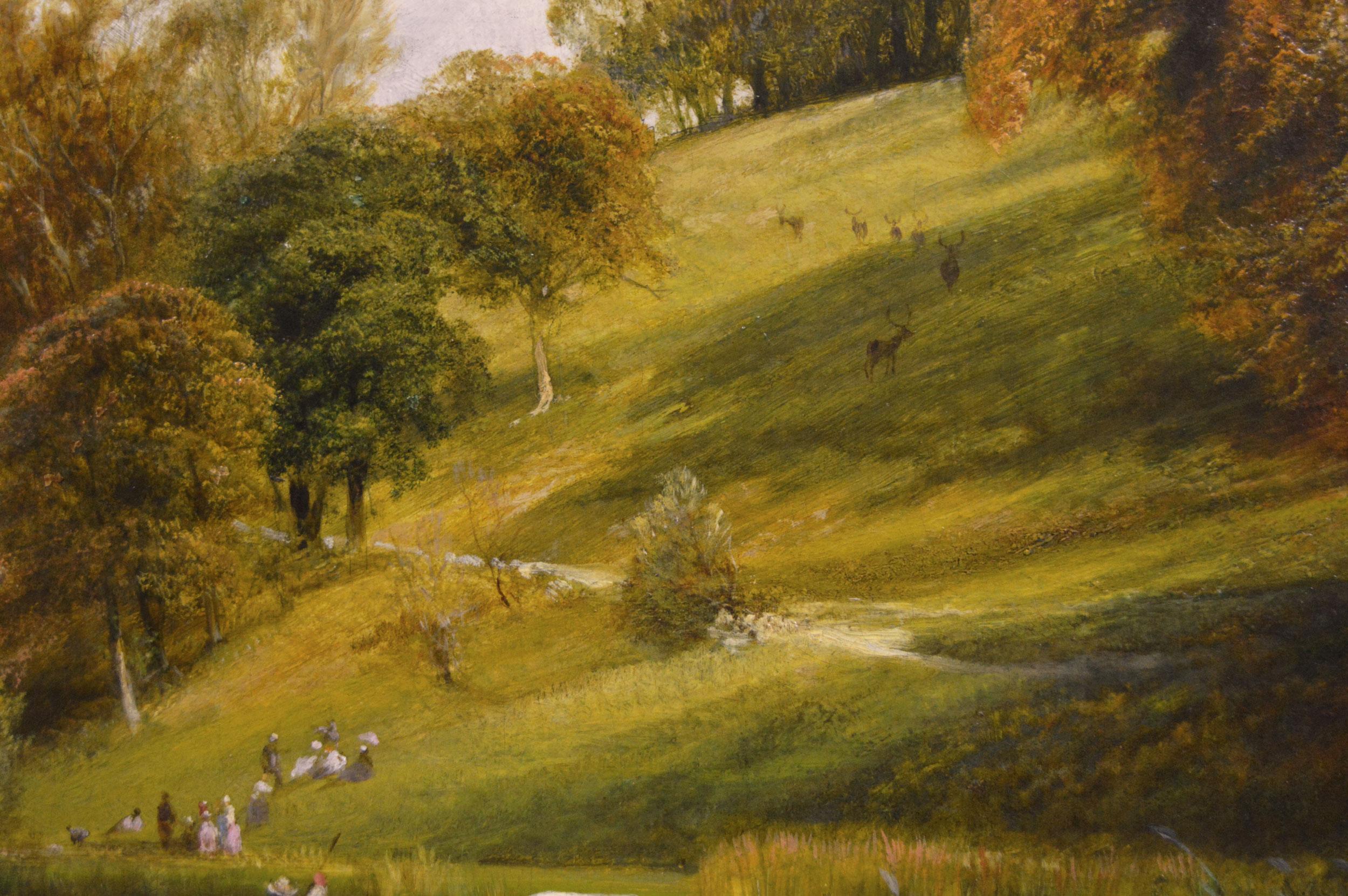 Paesaggio del XIX secolo dipinto a olio con persone che vanno in barca in un lago di Arundel Park - Landscape Painting Marrone di George Cole