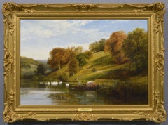 Paesaggio del XIX secolo dipinto a olio con persone che vanno in barca in un lago di Arundel Park