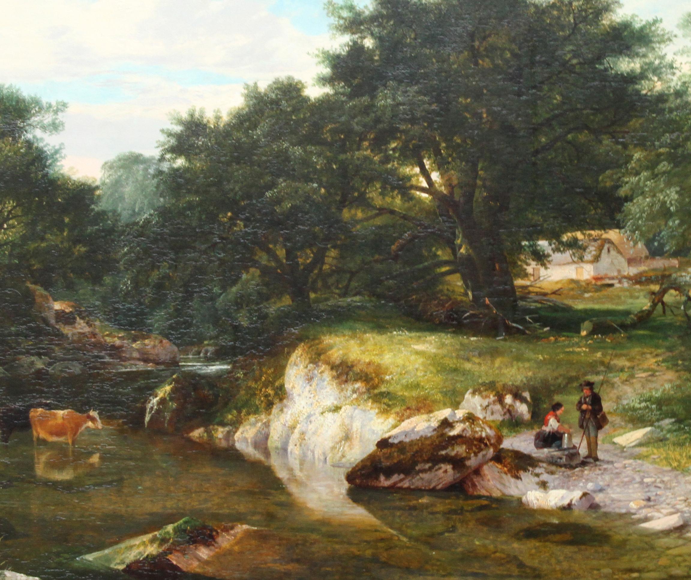 A Stream in the Forest - British Victorian 1859 art landscape oil painting - Realist Painting by George Cole