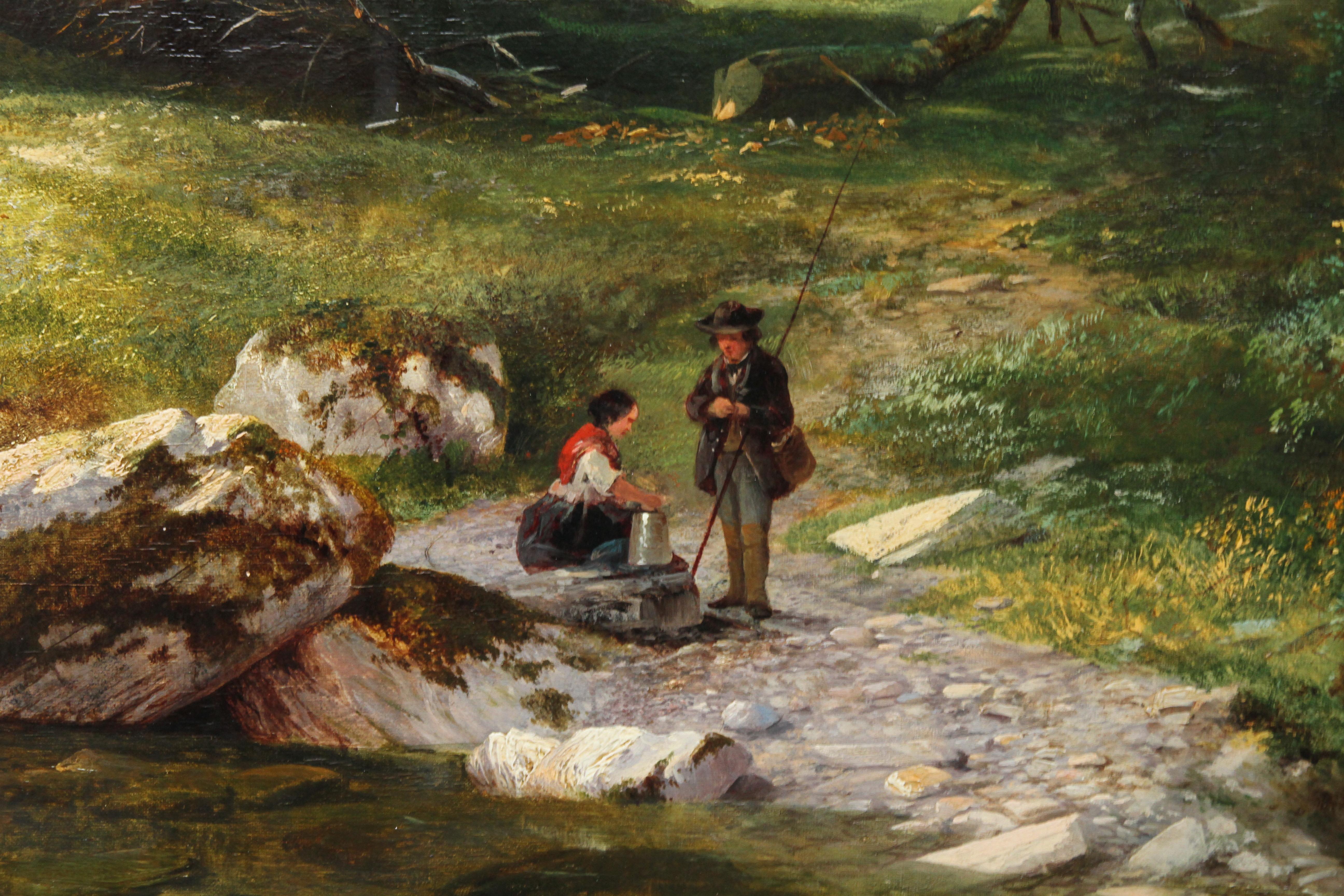Ein Fluss im Wald – britisches viktorianisches Ölgemälde aus dem Jahr 1859 (Braun), Landscape Painting, von George Cole