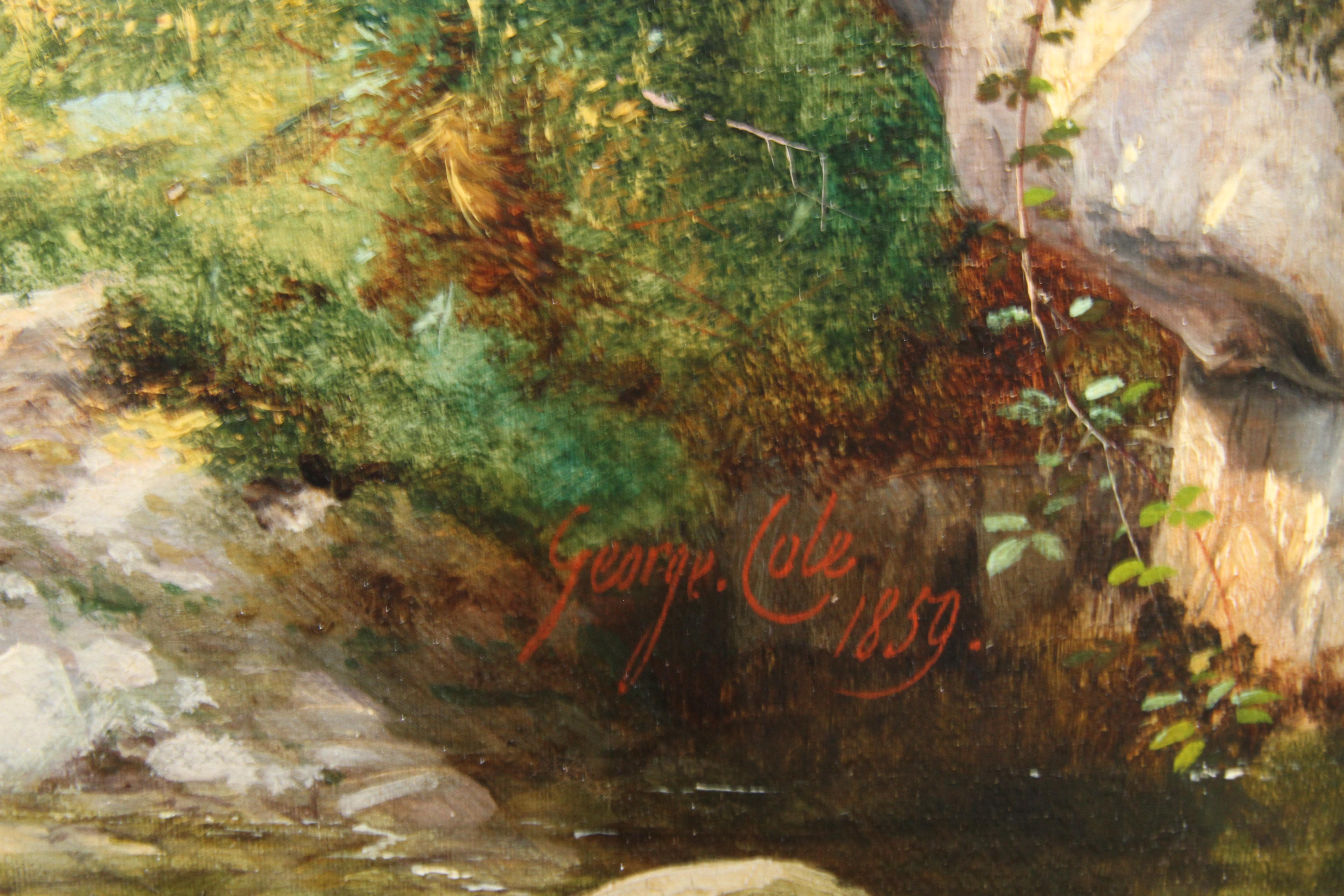 Ein Fluss im Wald – britisches viktorianisches Ölgemälde aus dem Jahr 1859 im Angebot 1