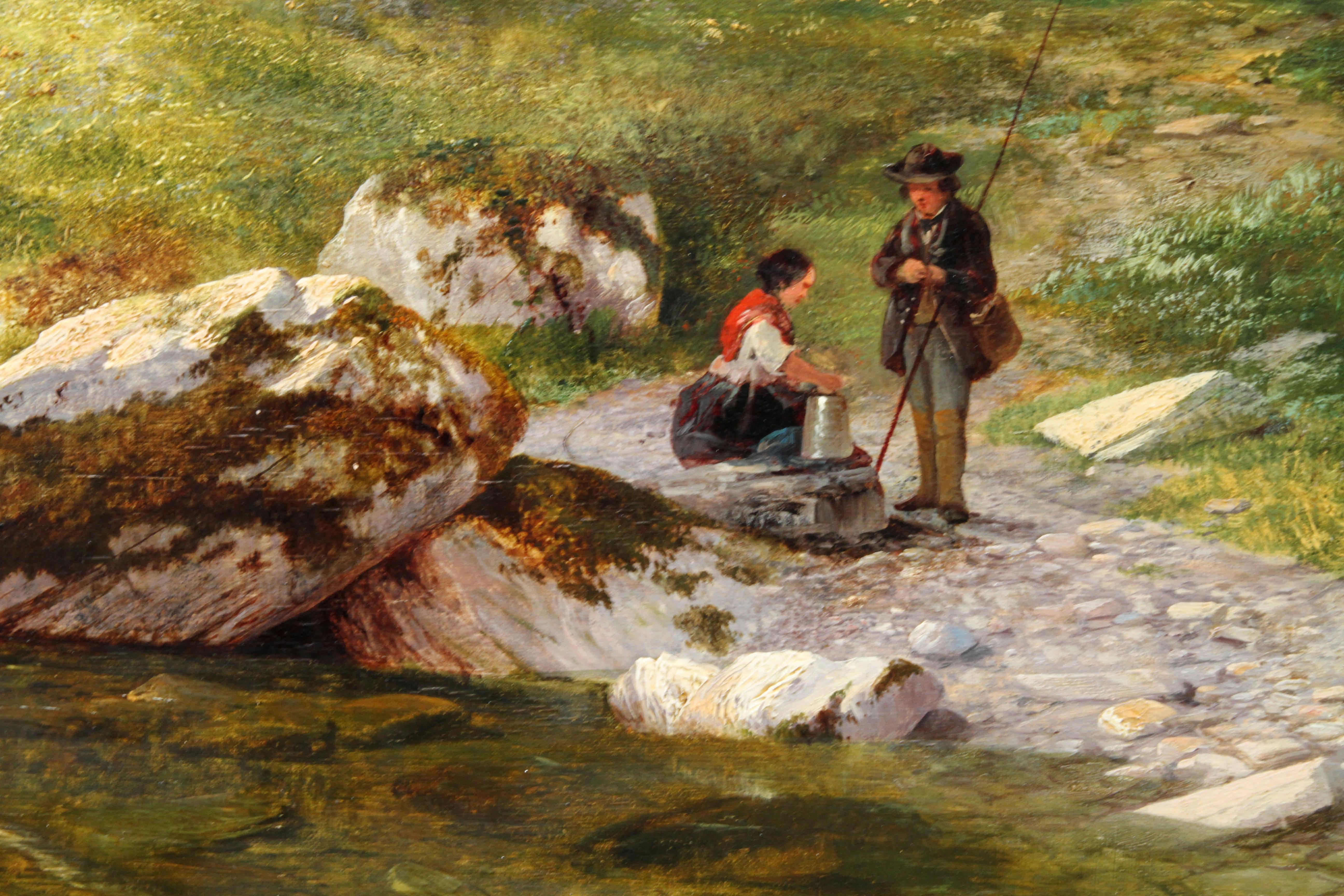 Ein Fluss im Wald – britisches viktorianisches Ölgemälde aus dem Jahr 1859 im Angebot 3