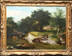 Antique A Stream in the Forest - British Victorian 1859 art landscape oil painting