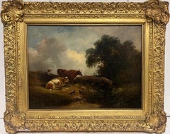Fine Mid 19th century Victorian Oil Painting Cattle Watering from Woodland Pool